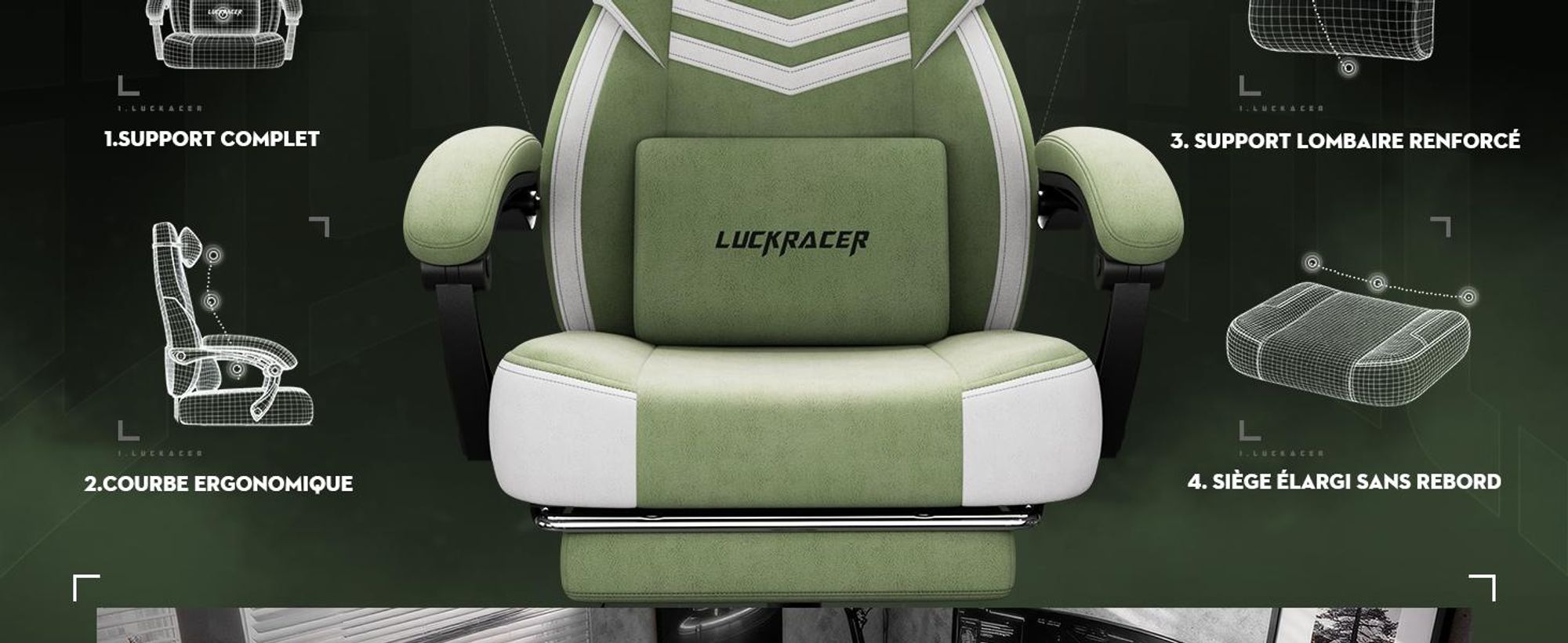 LUCKRACER Chaise de jeu, chaise de bureau avec accoudoirs reliés, coussin en mousse à mémoire, angle d'inclinaison de 90-155° et repose-pieds, tissu fonctionnel résistant