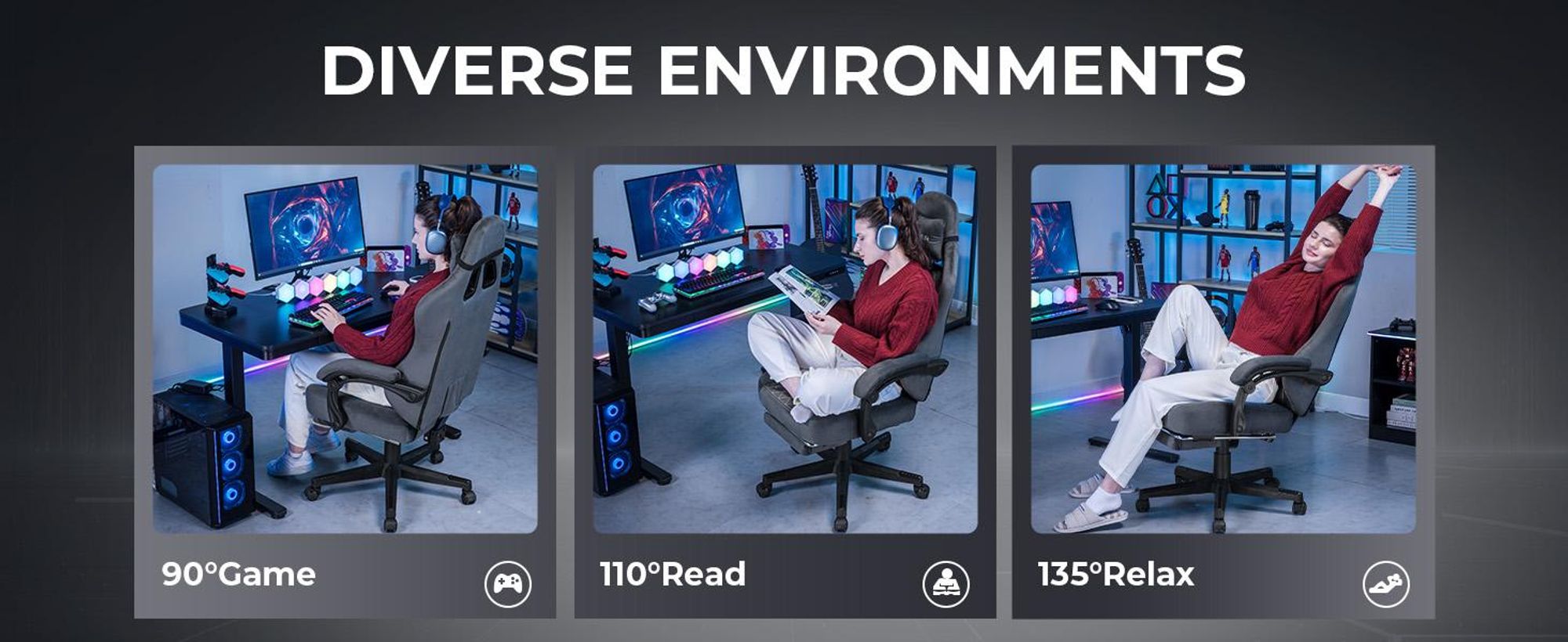GTPLAYER Sedia da gioco in tessuto Sedia da gioco ergonomica per ufficio Sedia per PC, Sedia da scrivania regolabile e girevole con poggiapiedi, grigio