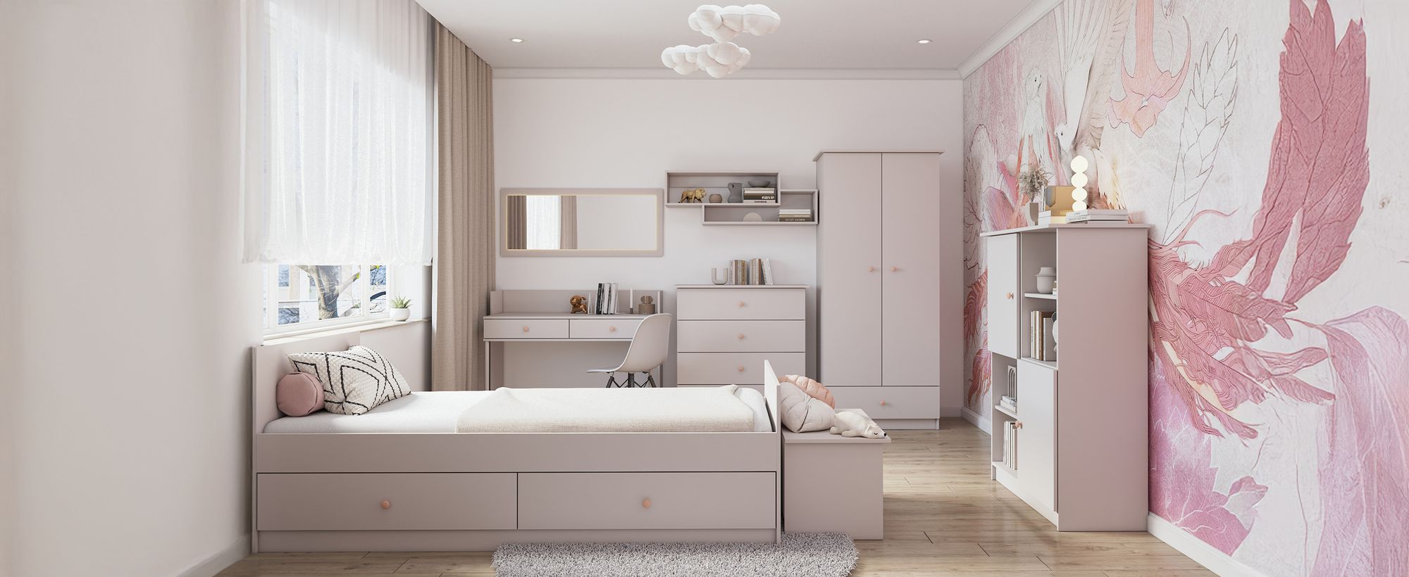 Bett Bettgestell Kinderbett Einzelbett Bett 90cm Kaschmir/Kaschmir mit zwei Schubladen ohne Matratze rosa Griffe Olaf 36