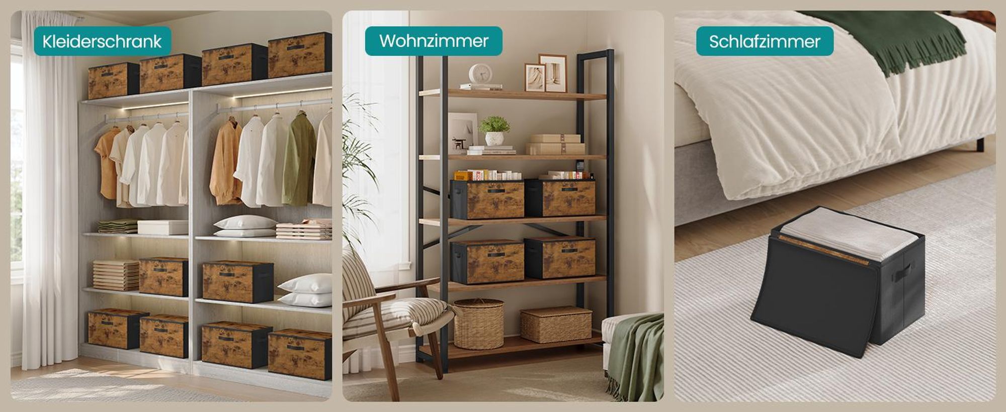 SONGMICS Faltbare Aufbewahrungskisten mit Griffen, 6er Set, Kleidung Organizer, Vliesstoff, 40 x 30 x 25 cm, braun