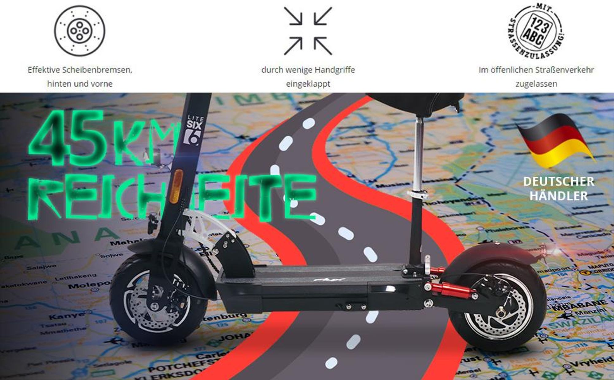 eFlux Lite Six E-Scooter | Mit Straßenzulassung - E-Roller - Elektro Roller mit Sitz - Stoßdämpfer - 3 Geschwindigkeitsstufen - Einstellbare Sitzhöhe