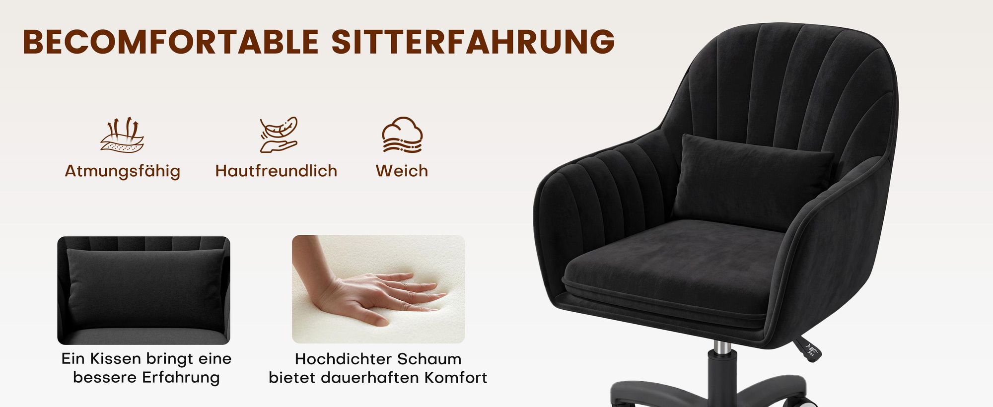 Hawthyhome Homeoffice Stuhl aus Samt mit Kopfkissen Drehbarer Höhenverstellbarer Bürostuhl ergonomisch Schwarz
