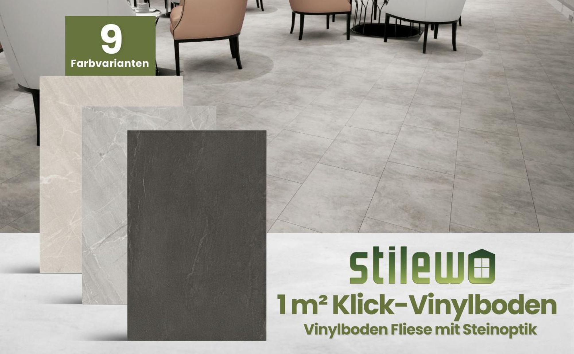 1 m² - Stilewo Klick-Vinylboden Fliese Steinoptik Bodenbelag wasserfest, robust, pflegeleicht - Robust Concrete
