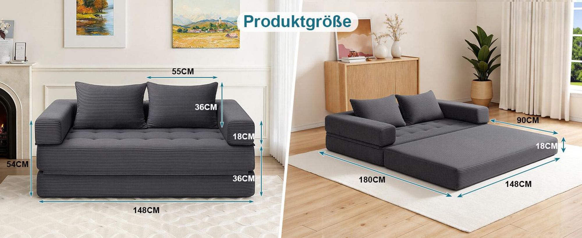 HOMMPA 5-in-1 Klapp-Schlafsofa, extragroß, Bodenschlafsofa, Cord-Klappmatratze, Sofa für Wohnzimmer, Schlafzimmer, Lounge, Queen 180x148cm, Grau