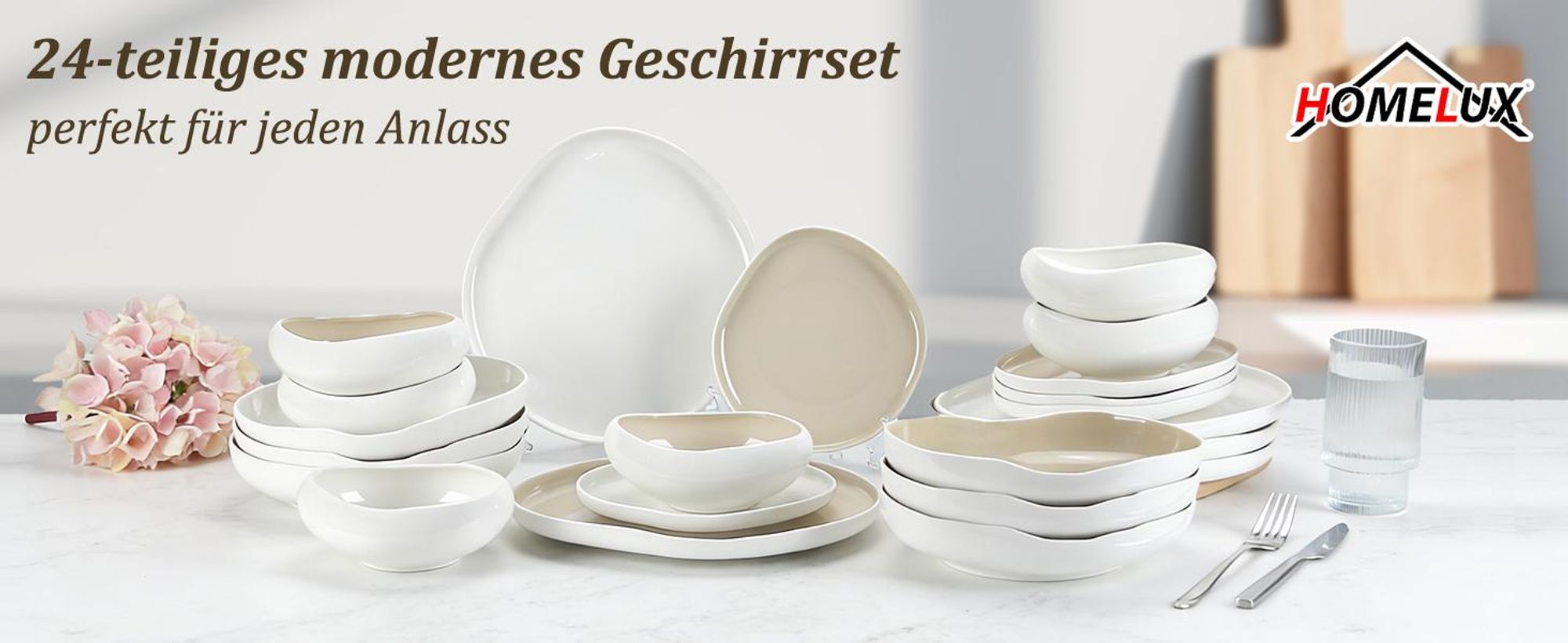 HOMELUX 24-tlg Kombiservice Porzellan Tafelservice für 6 Personen Geschirrset mit Speiseteller Dessertteller Suppenteller Salatschüsseln, Weiß+Khaki