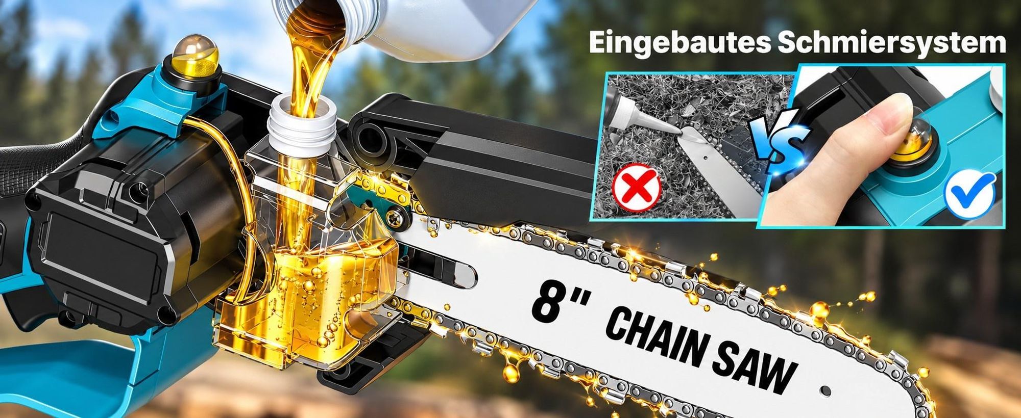 Akku-Kettensäge 6/8 Zoll, 2-in-1 Mini Kettensäge Brushless, 1500W, 2×21V 4,0Ah Akku, Automatische Kettenschmierung, Werkzeuglose Kettenspannung