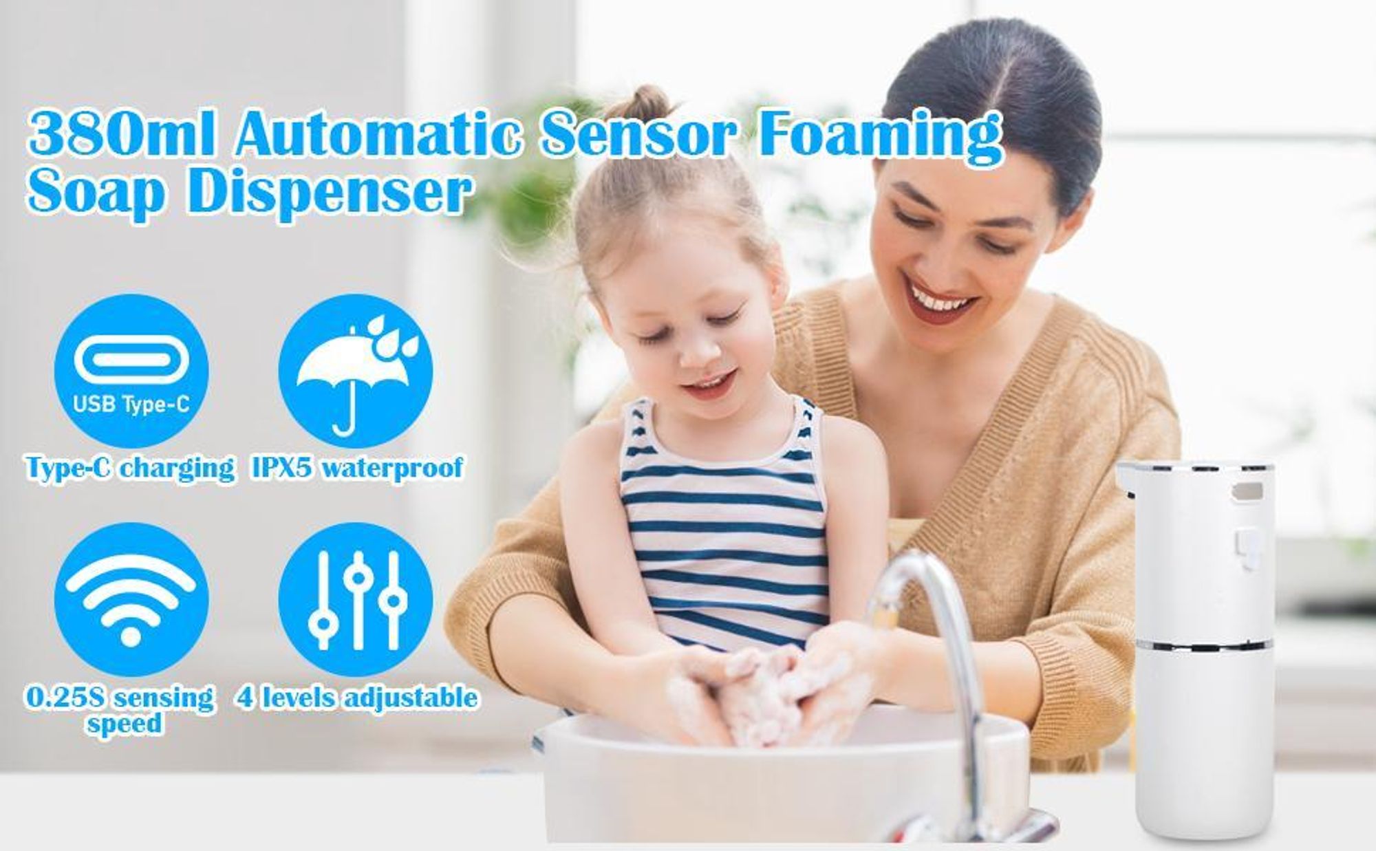 Seifenspender Automatisch, Sensor Infrarot, 380ml Berührungsloser Automatischer Seifenspender, USB Wiederaufladbar,IPX5 Wasserdicht für Bad Toilette