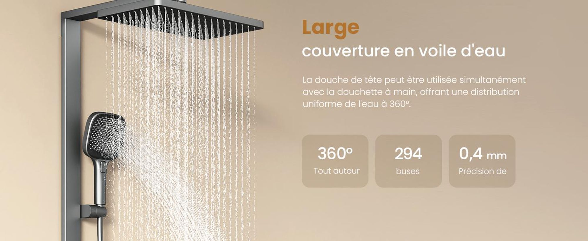 Système de douche EMKE avec thermostat, anthracite mat - Débit d'eau réglable, douche de pluie 36x24 cm, douchette à main avec 4 jets