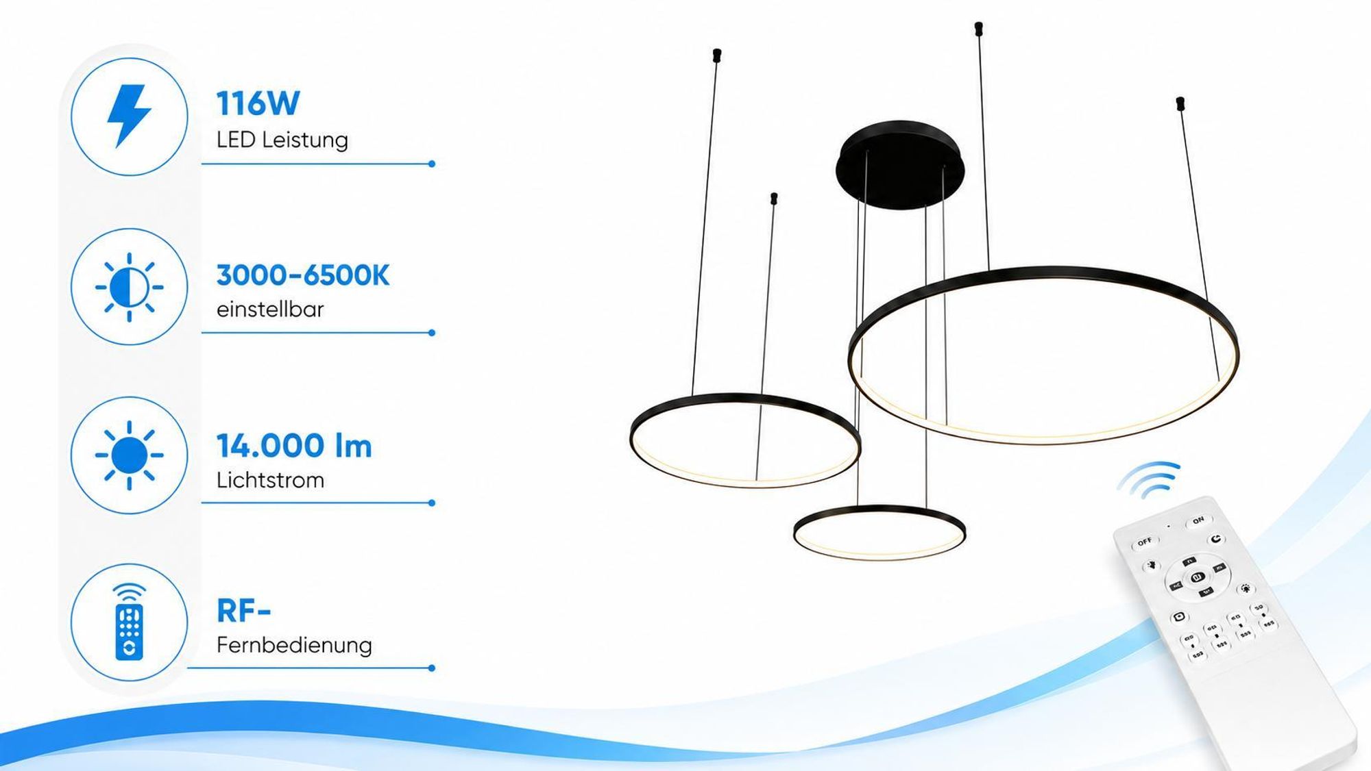 MasterLED LED Pendelleuchte 3-Ring 116W Schwarz, Dimmbar per Fernbedienung, CCT 3000-6500K
