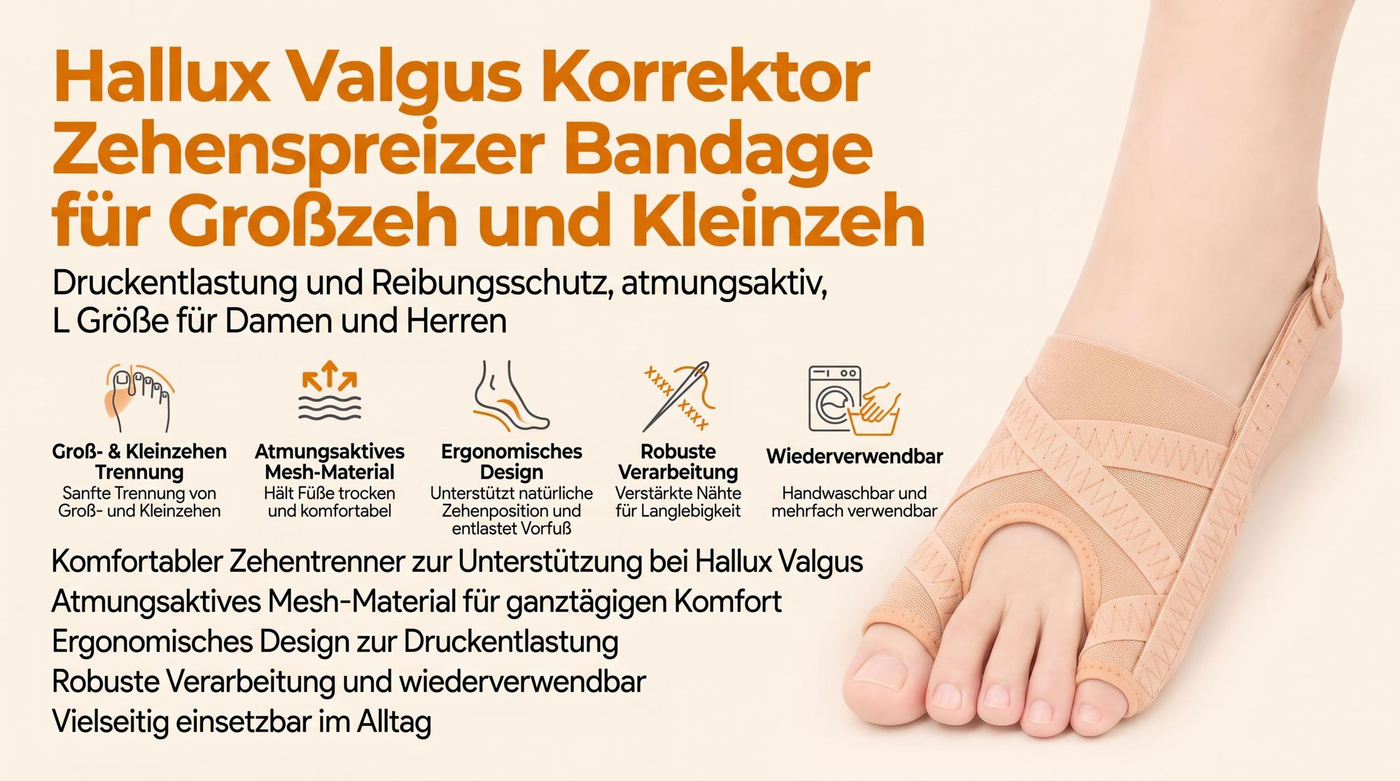 Hallux Valgus Korrektor Zehenspreizer Bandage für Großzeh & Kleinzeh, Druckentlastung & Reibungsschutz, atmungsaktiv, L Größe für Damen & Herren