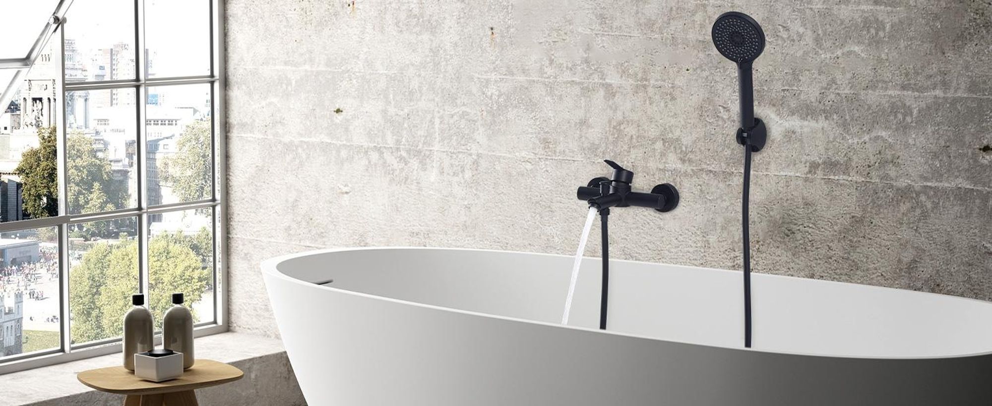 Homelody Badewannenarmatur mit Handbrause, Mischbatterie Badewanne Wandmontage, 2 Ausgänge Einhebelmischer Duscharmatur mit Wanneneinlauf, Schwarz