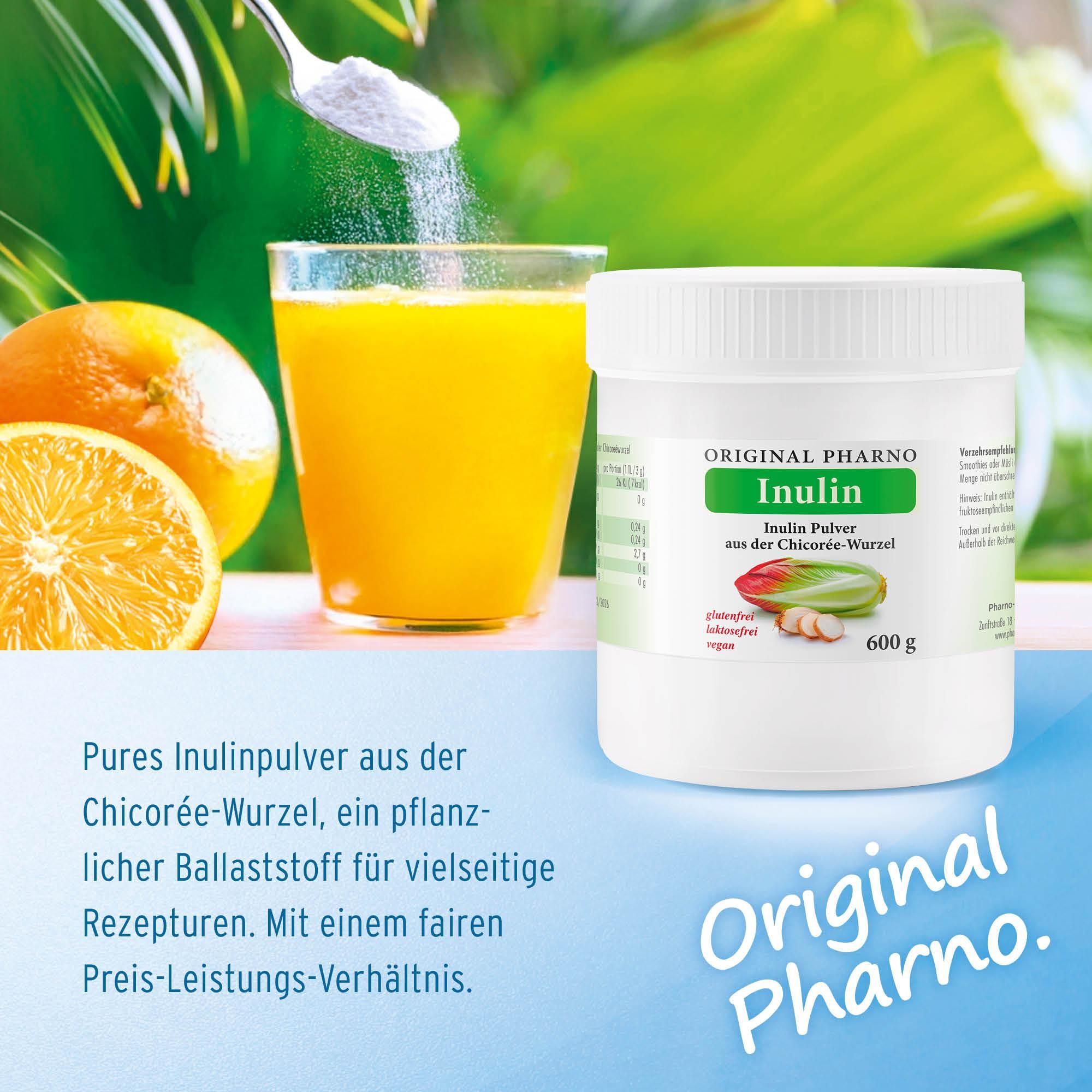 Inulin Pulver 600 g – Pures Inulinpulver, pflanzlicher Ballaststoff aus der Chicorée-Wurzel, vegan – ohne Zusatzstoffe – Original Pharno