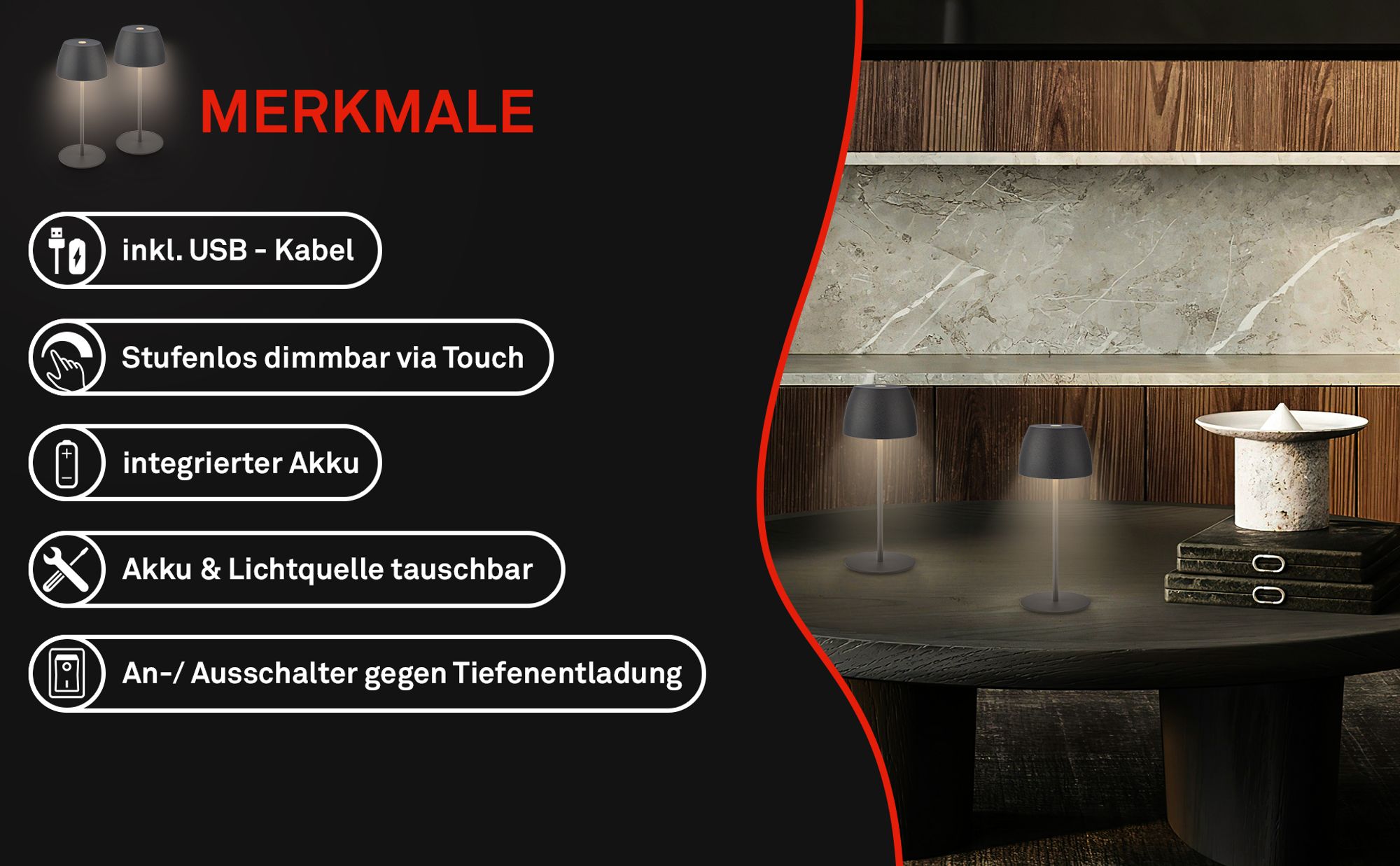Briloner Serina 2er Set Mini LED Tischlampe kabellos IP44, Dimmbar, Touch, Spritzwasserschutz, akku, Anthrazit, Ø8 x 20 cm