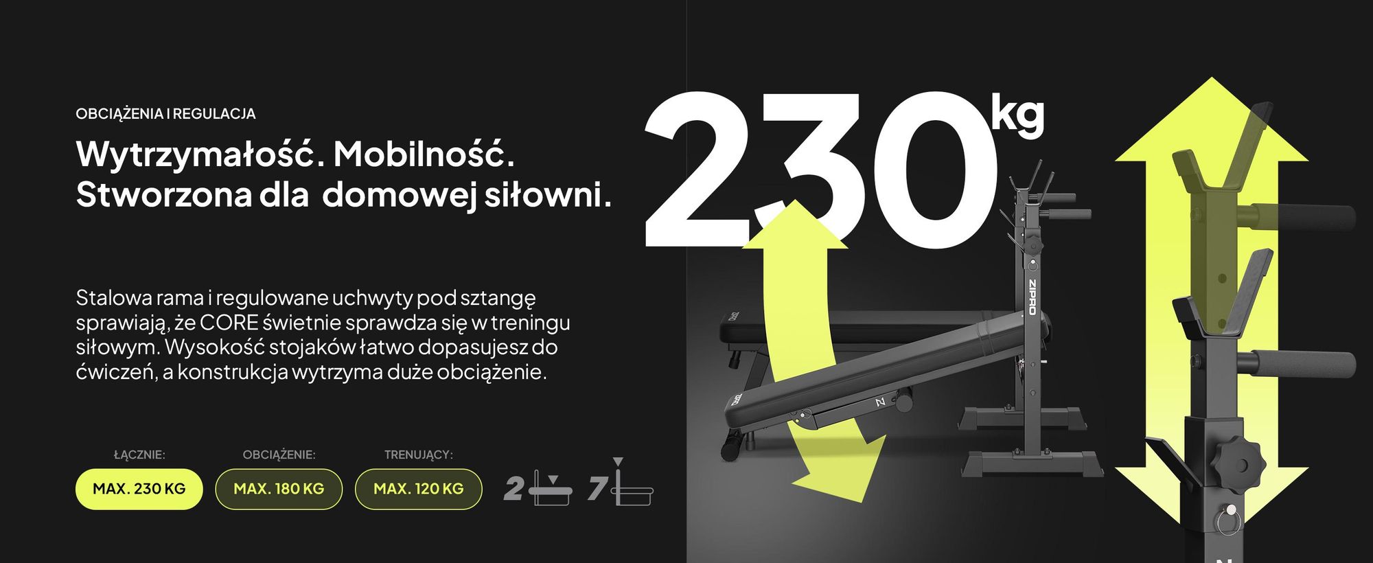 Ławka do ćwiczeń z półką na sztangę Zipro Core – składana ławka do wyciskania na płaskiej ławce z drążkiem do dipów. Obciążenie do 230 kg. Oszczędność miejsca.