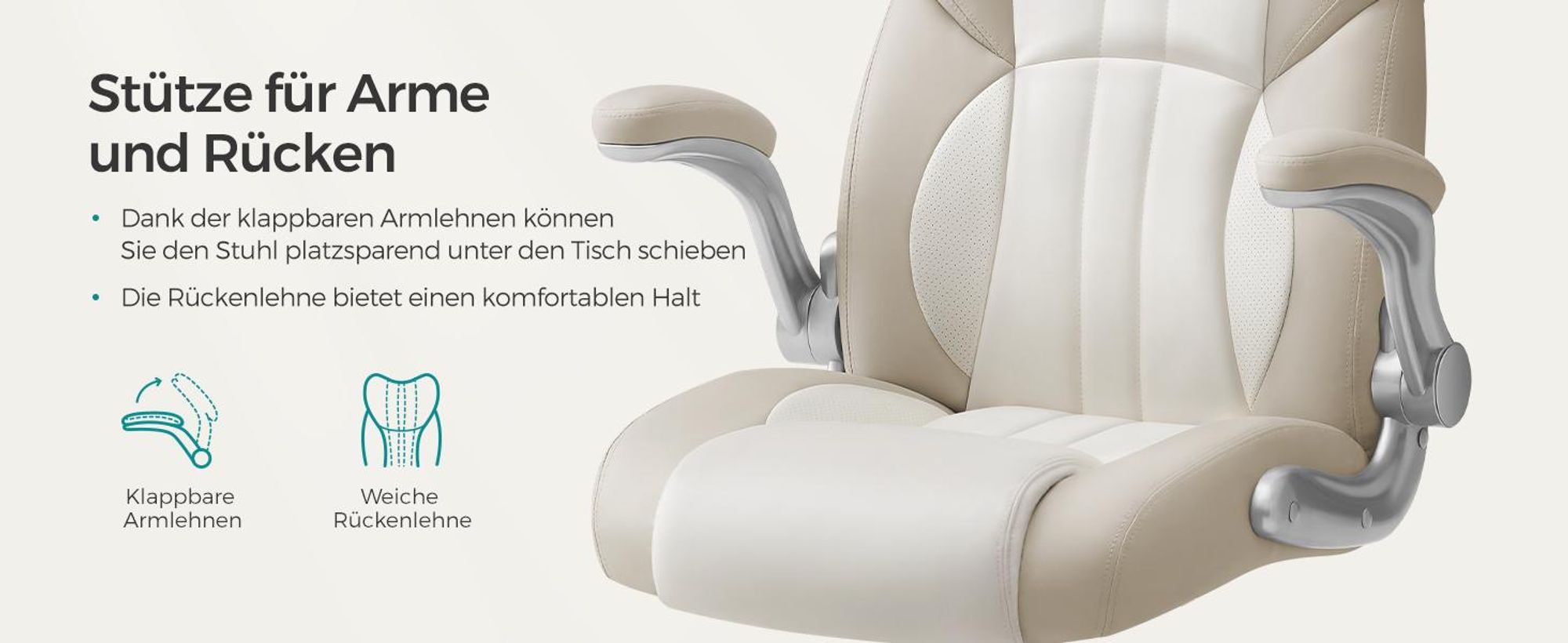 SONGMICS Chefsessel, ergonomisch, klappbare Armlehnen, weiß