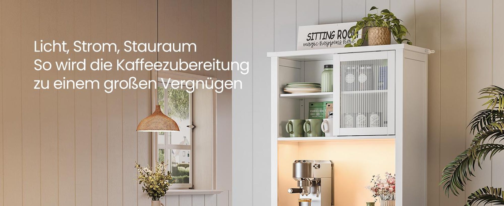 VASAGLE Sideboard mit Beleuchtung und Ladestation, Küchenschrank, Aufbewahrungsschrank, mit Türen und Schubladen, 39,5 x 80,4 x 180,6 cm