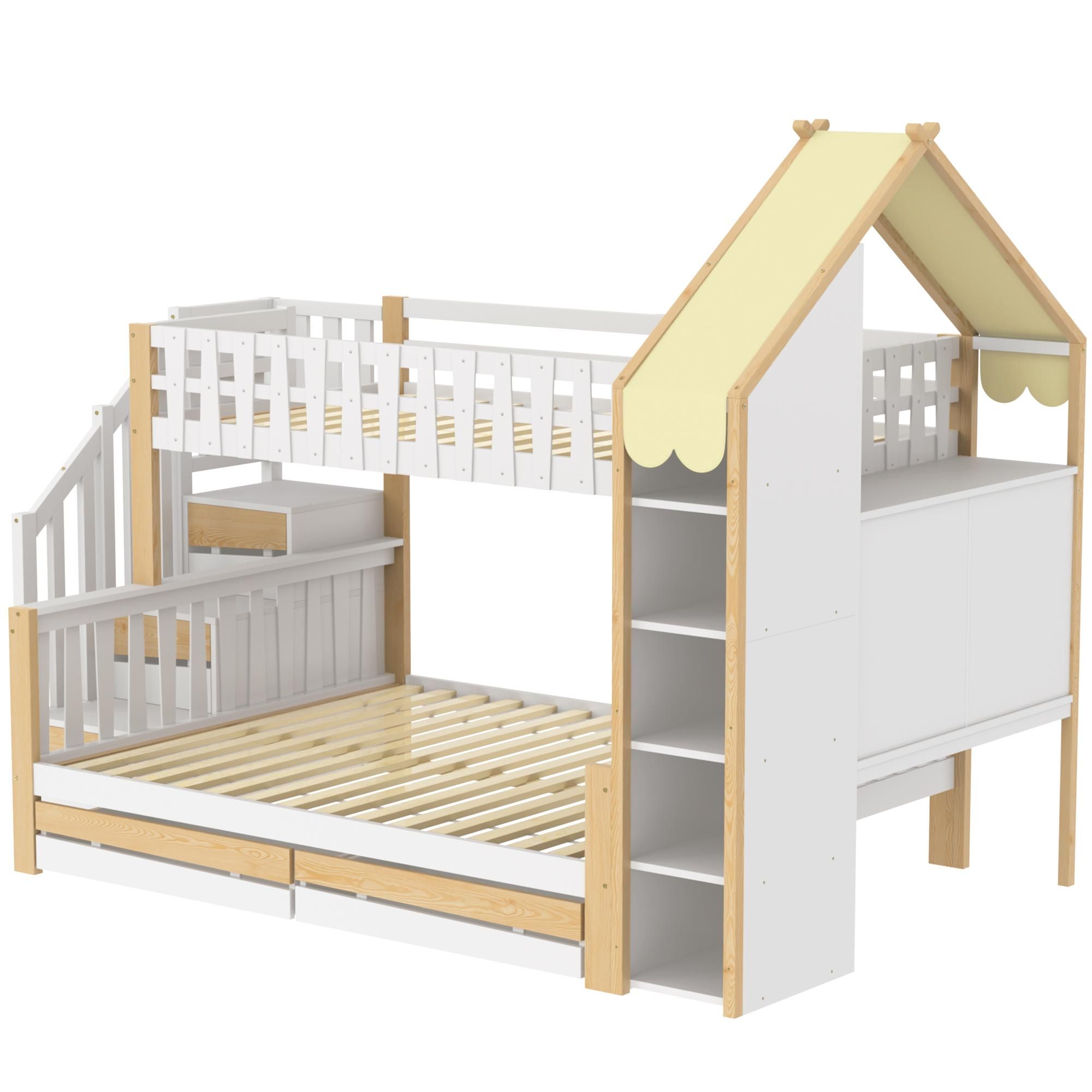 Flieks Etagenbett 90x200cm / 140x200cm, Kinderbett Hochbett mit Schubladen, Hausbett mit seitlichem Regal, Stockbett Holzbett 2 Kinder, Naturbelassen