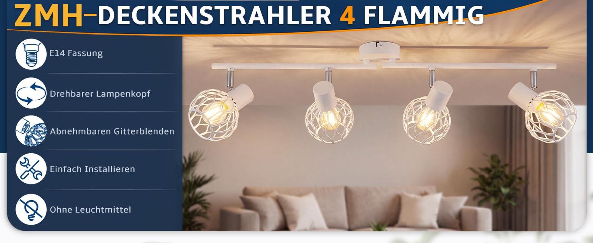 ZMH Lámpara de techo LED, 4 luces, blanca, casquillo E14, metal. Lámpara de techo giratoria de 350°, ideal para salones. Focos de techo para interiores, lámpara de techo para cocina