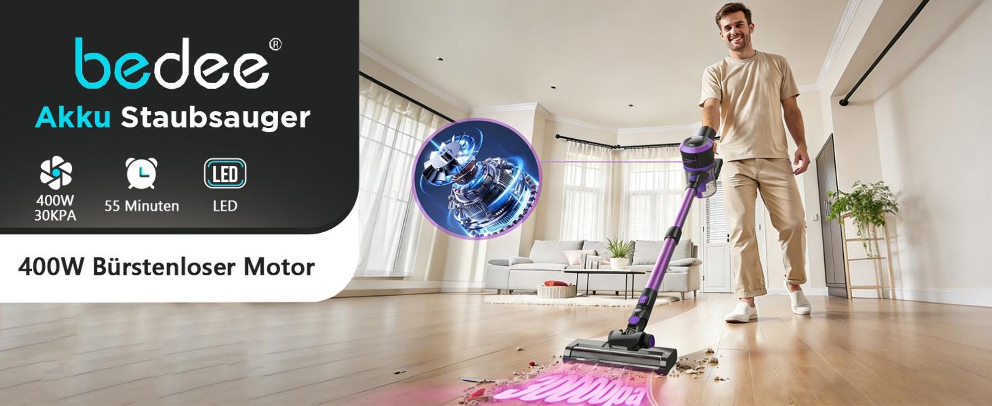 Akku Staubsauger, 30000Pa Staubsauger Kabellos, 400W Staubsauger mit Smart Display, Anti-Verhedderung-Bürste, Bis zu 55 Min Laufzeit, 2 Gänge, 1.2L