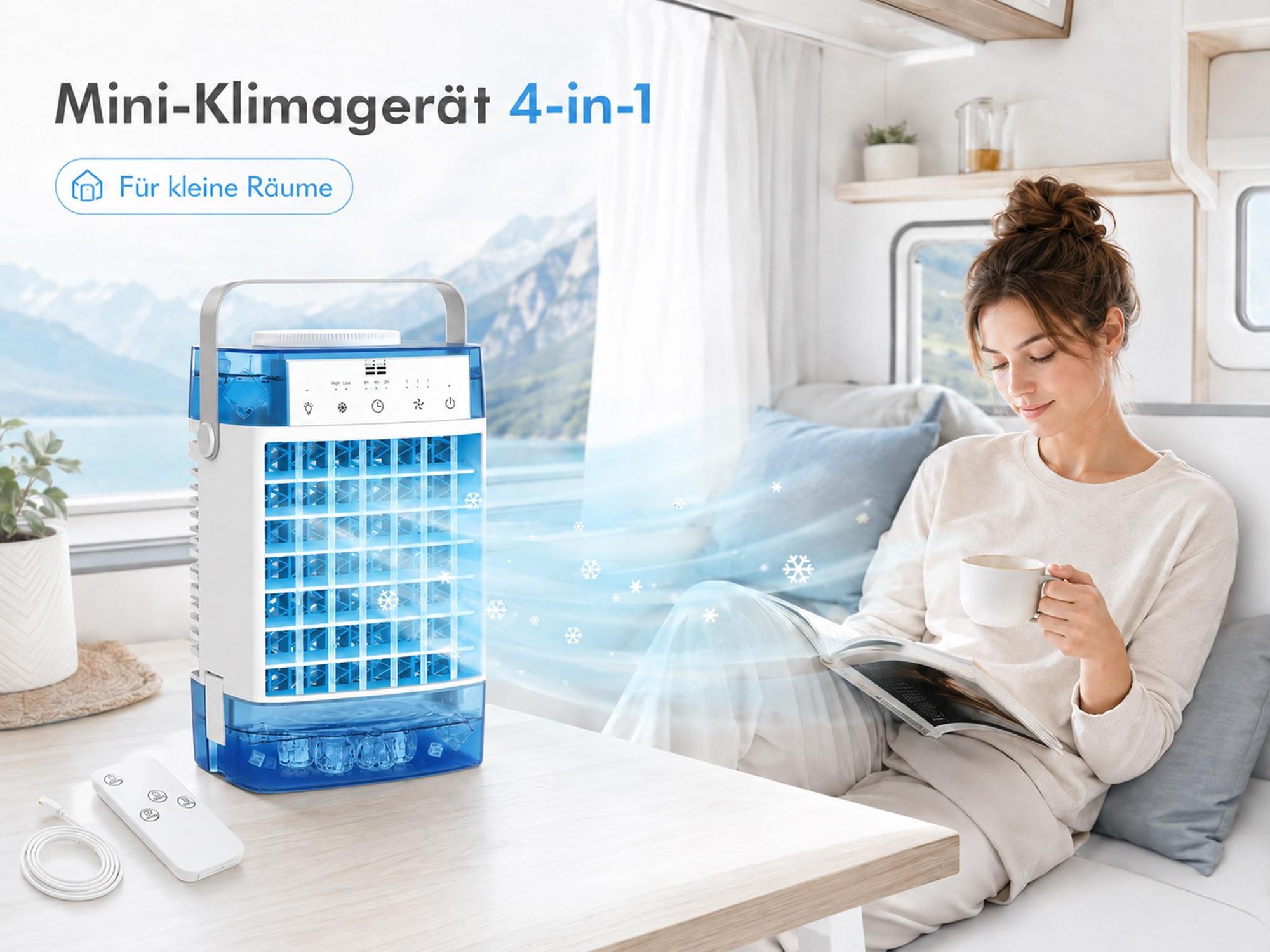 Mini Klimaanlage 4 in 1,Klimagerät Tragbar Leise,Ventilator mit Wasserkühlung 2 Modi 3 Geschwindigkeiten Timer RGB-Licht für Zimmer Camping,Blau