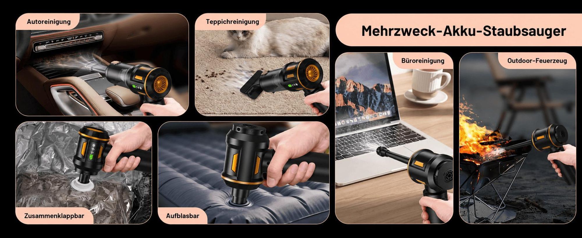 22000Pa Handstaubsauger, 4 in 1Autostaubsauger Kabelloser, 80.000 U/min Bürstenloser Motor, Mini staubsauger, 3 Stufen, LED anzeige, für Auto Haushalt