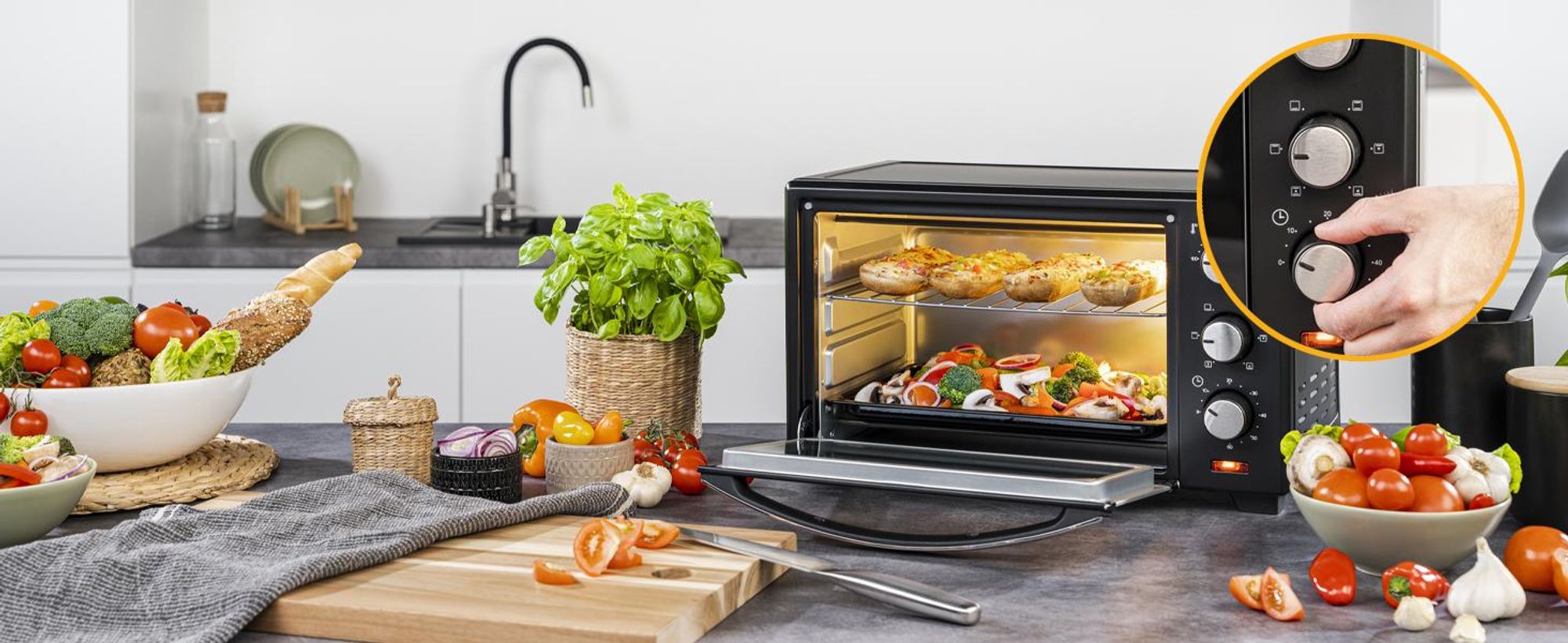 TZS First Austria - Minibackofen 30L 1600W - Mini Backofen stufenlose Temperaturregelung bis 230°C - Miniofen 60 Min. Timer, 3 Einschubhöhen, Backblech & Grillrost - Für kleine Küchen & Camping