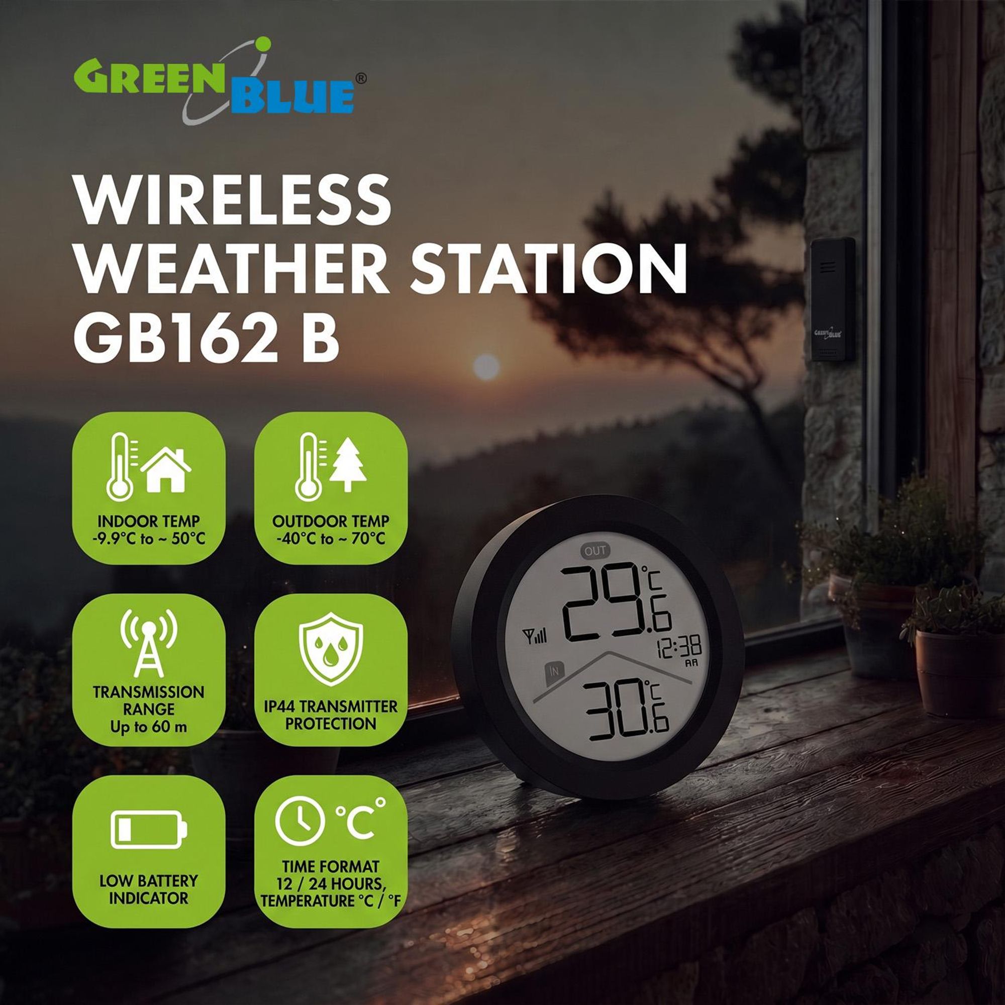 GreenBlue Funk-Wetterstation Innen-/Außentemperatur Uhr wahlweise °C / °F Reichweite bis zu 60 m schwarz GB162 B