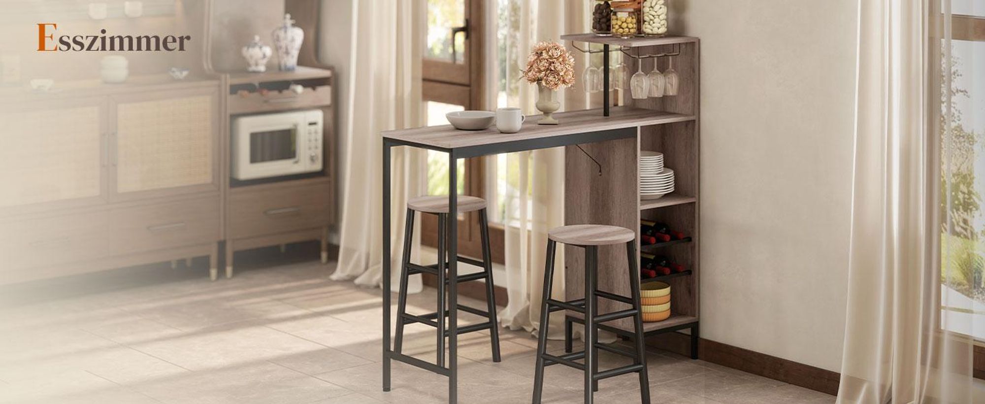 HOMCOM Bartisch mit Barhocker Set Tresentisch mit 2 Stühlen mit Fußstütze, Grau