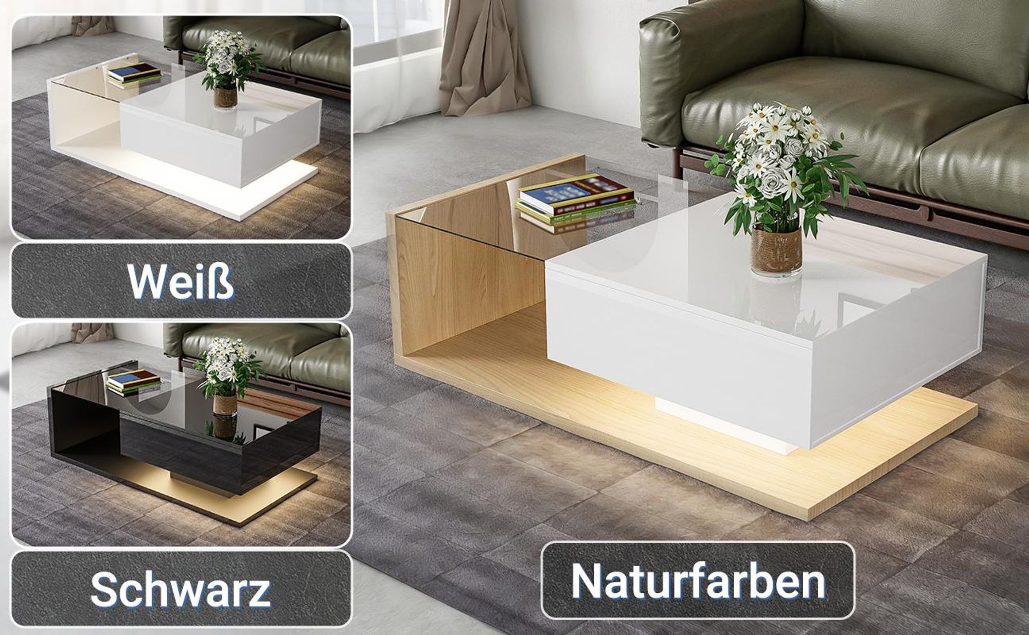 MODFU Couchtische Weiß mit LED,Hochglanz-Wohnzimmertisch,Rechteckiger Beistelltisch mit Glasfür Wohnzimmer, Schlafzimmer,Holzfarbe