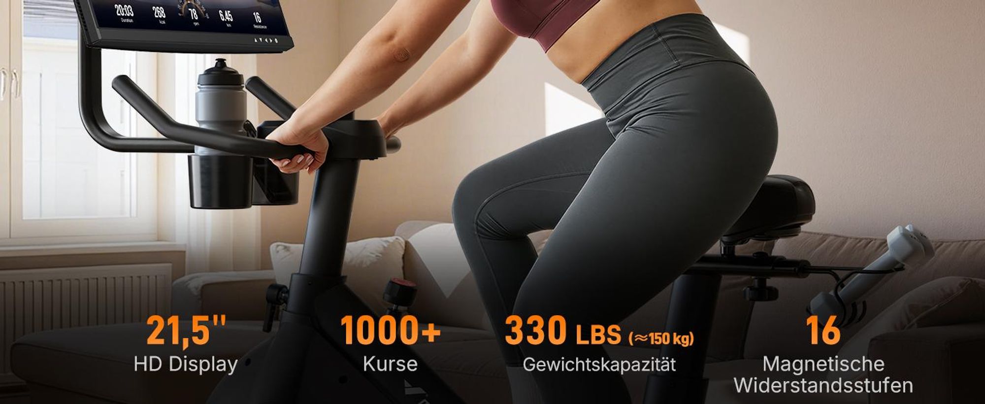 MERACH Heimtrainer mit 21,5-Zoll-HD-Bildschirm, 16 automatischer Magnetwiderstand, dreh- und neigbarem Display, App-Kompatibilität, bis 150 kg