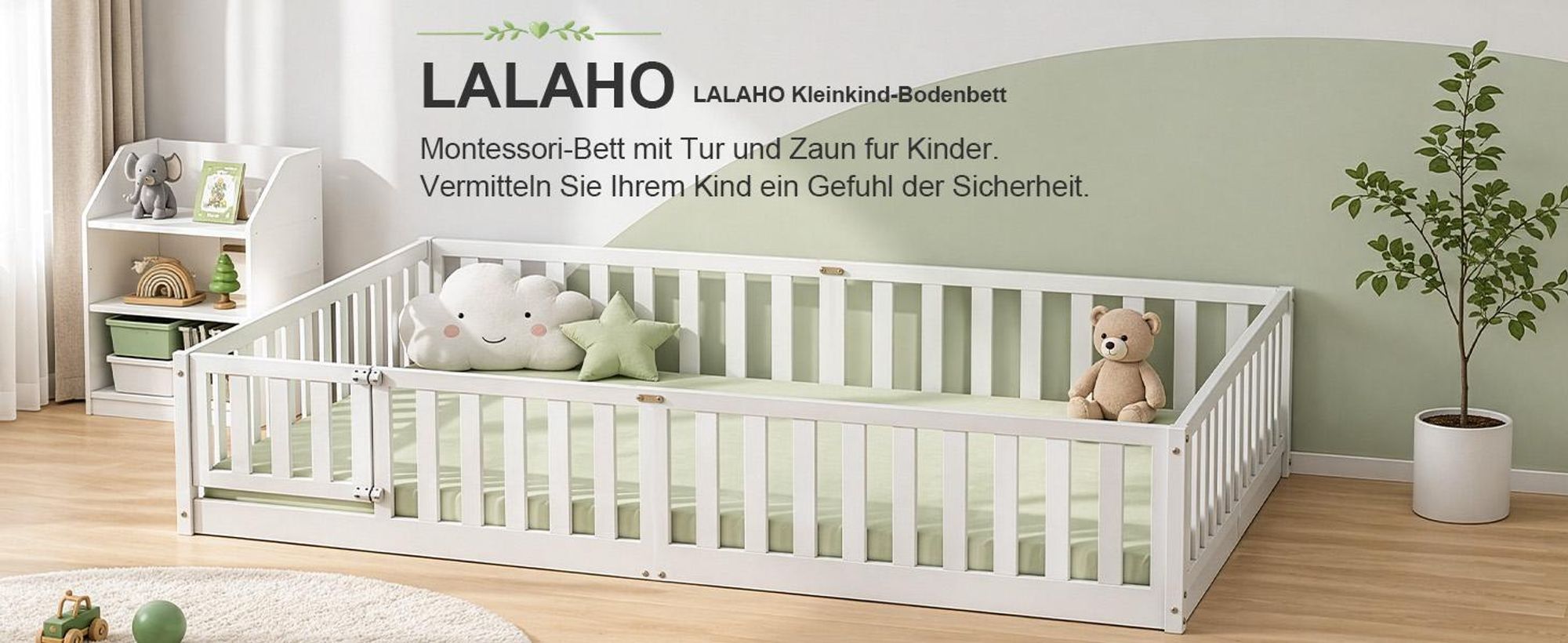 FCH Kinderbett mit Rausfallschutz & Lattenrost, 120x200cm, Montessori Bodenbett mit seitlichem Ausstieg, Einzelbett für Jugendzimmer, Weiß