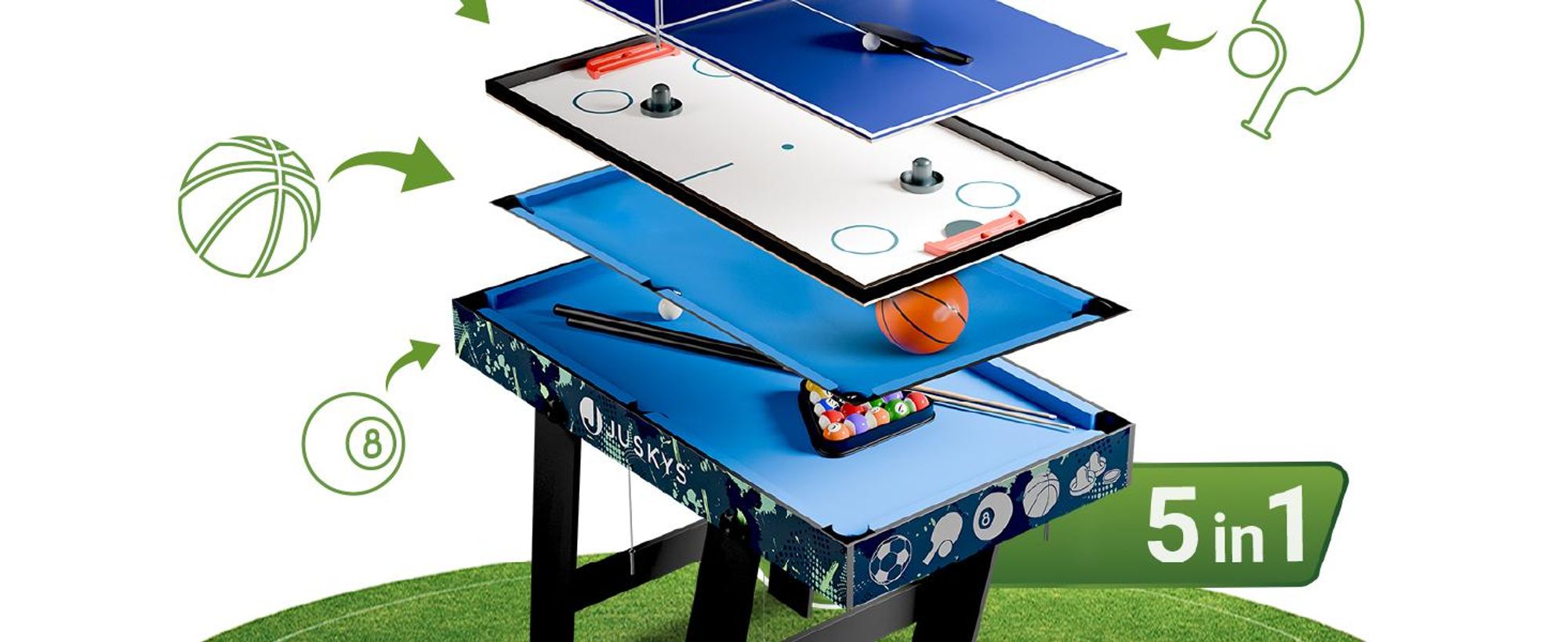 Juskys 5in1 Spieltisch Ballzauber klappbar - Tischtennis, Kicker, Billard, Hockey & Basketball