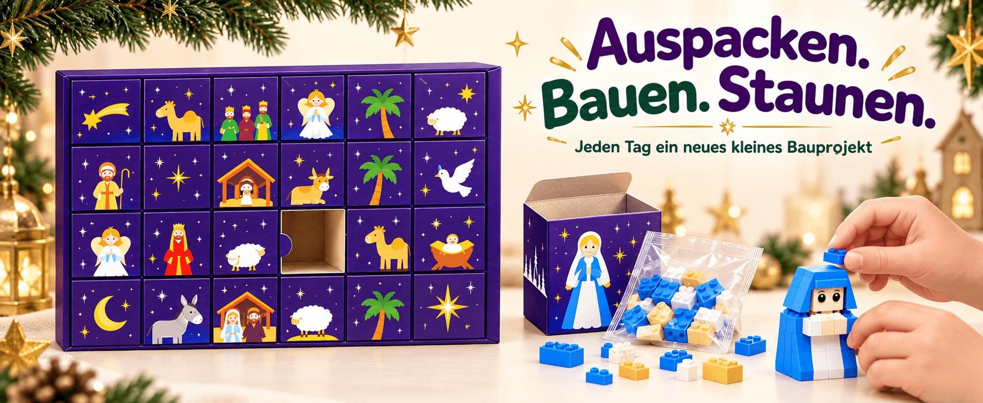 Adventskalender 2026 mit 24 Zahlen, Jesus Geburt Szene aus Bausteinen, 24 nummerierte Türchen zum Selberbauen, Christliche Weihnachtsgeschenk für Kind