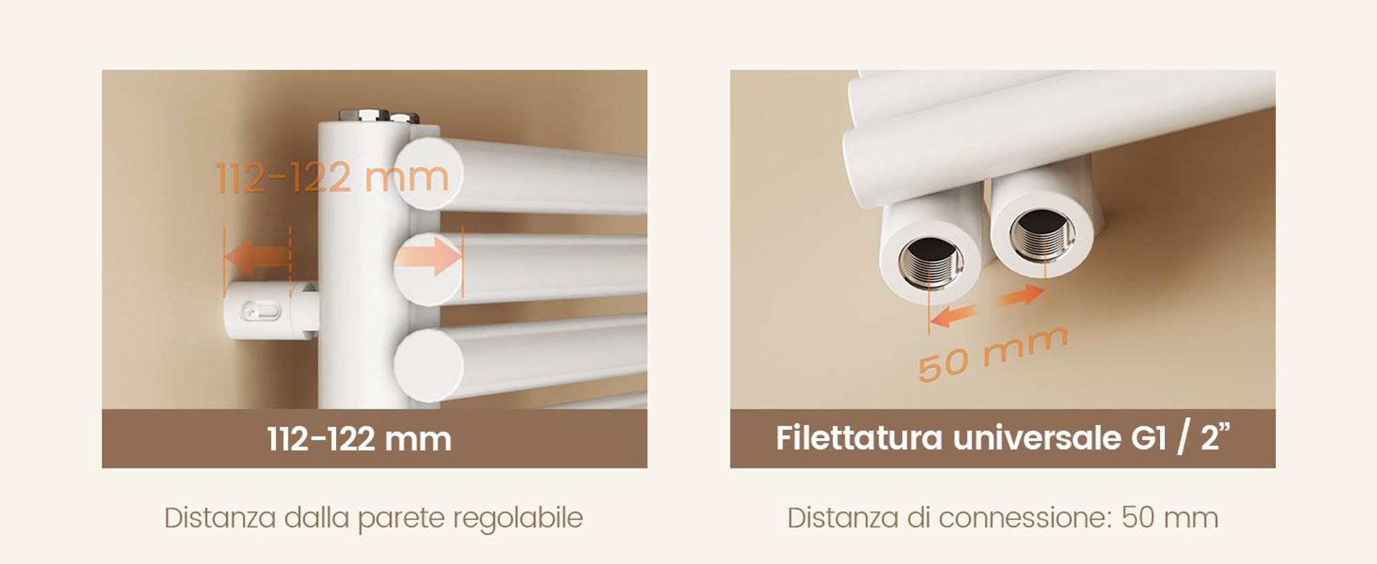 EMKE Radiatore da bagno con attacco laterale Tubo tondo bianco Scaldasalviette 126,5 x 60 cm 776 W  Scaldasalviette da bagno per funzionamento con acqua calda Montaggio a parete senza resistenza elettrica