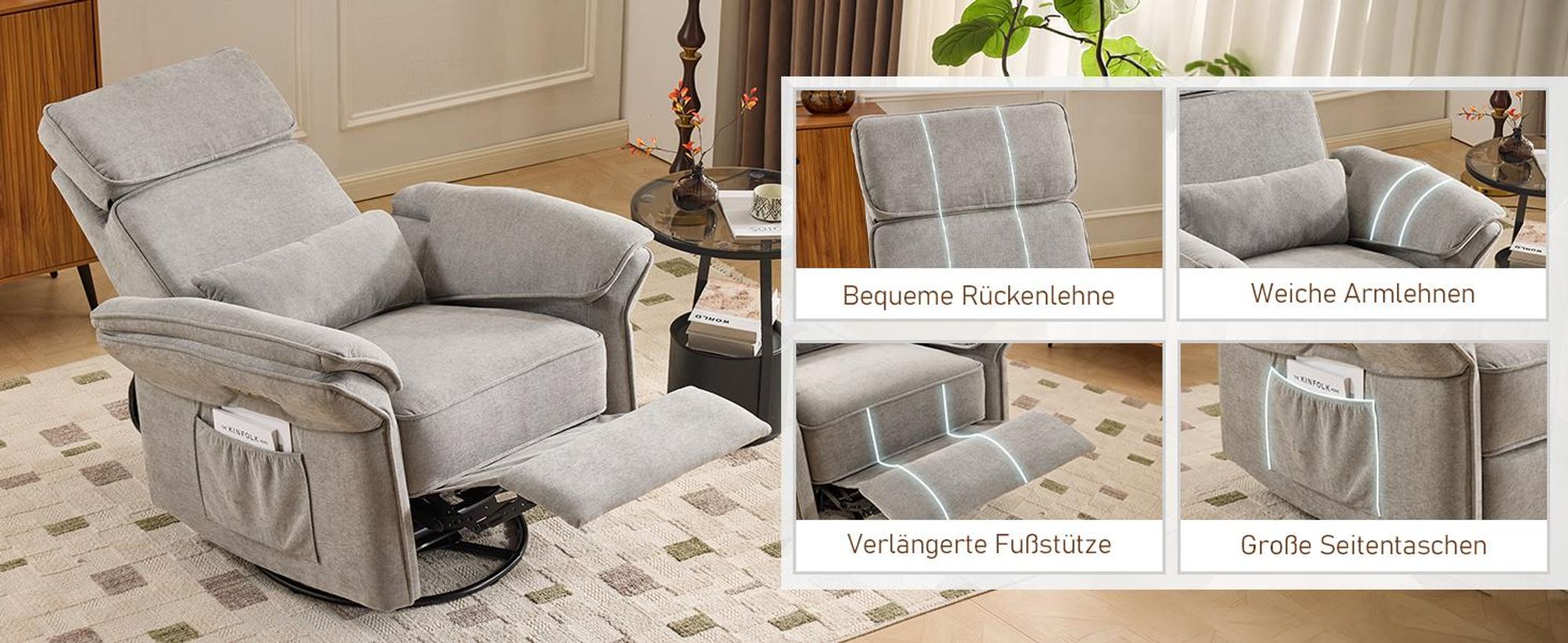 LEADZM Fernsehsessel Relaxsessel, 300°-Drehung, Pflegestuhl, Verstellbare Kopfstütze Klappbare Armlehnen, TV-Sessel mit Liegeposition, Hellgrau