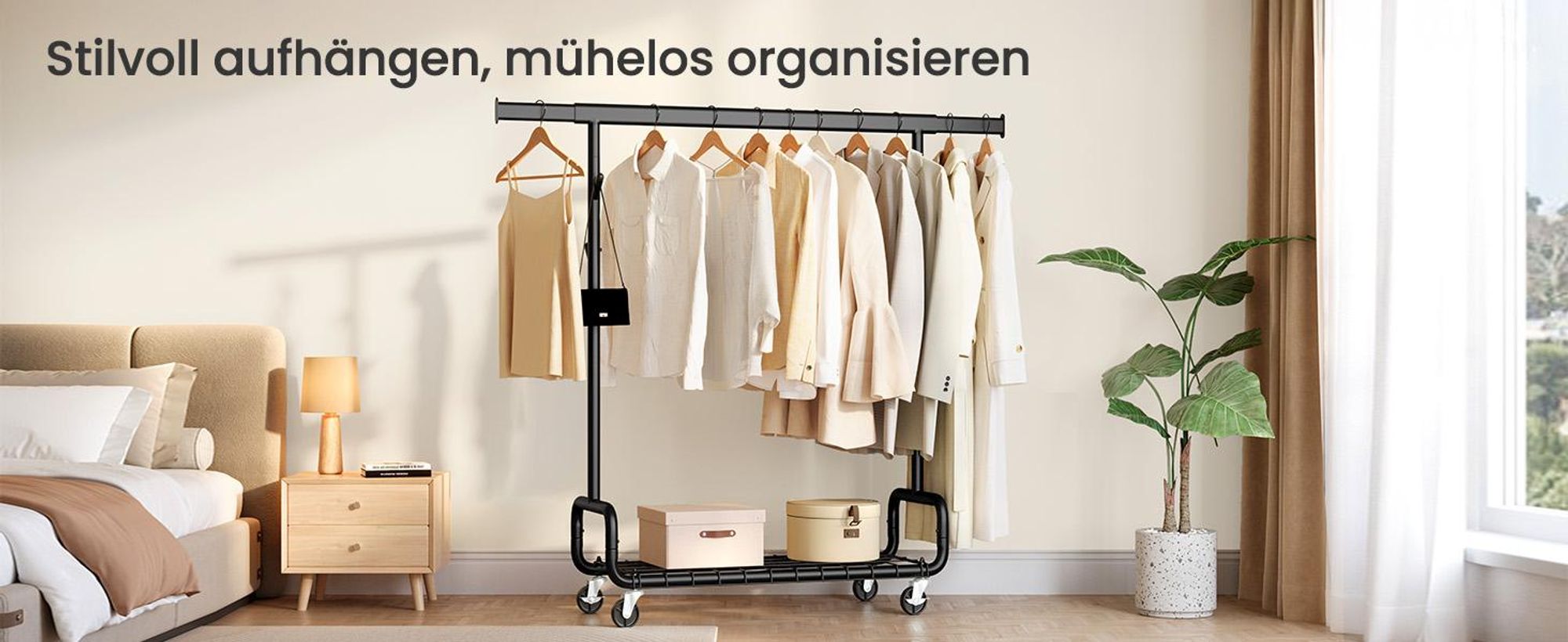 SONGMICS Kleiderständer, 1 ausziehbare Kleiderstange, verstellbare Höhe, Schwerlast-Garderobenständer, auf Rollen, mit Ablage, Haken, tintenschwarz