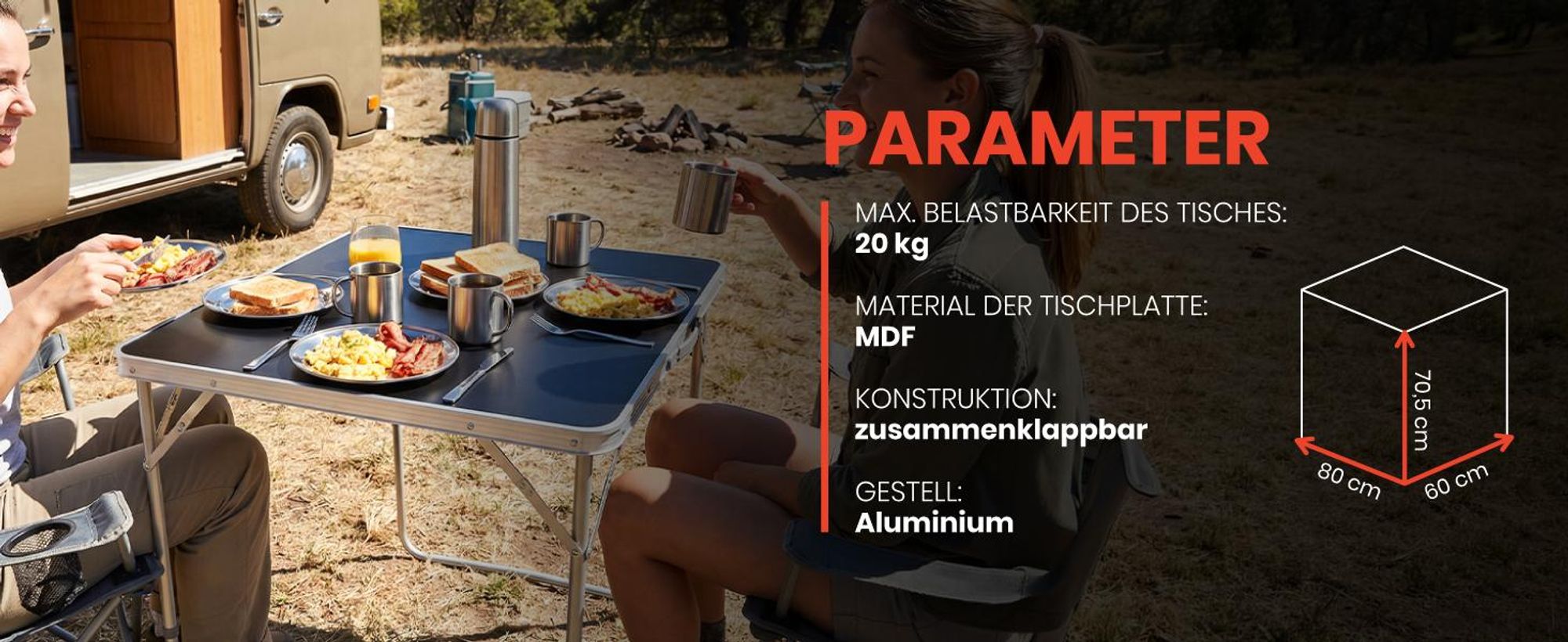 Campingtisch Klapptisch 80*60cm Epifit Tragbarer Gartentisch mit Koffer Schwarz