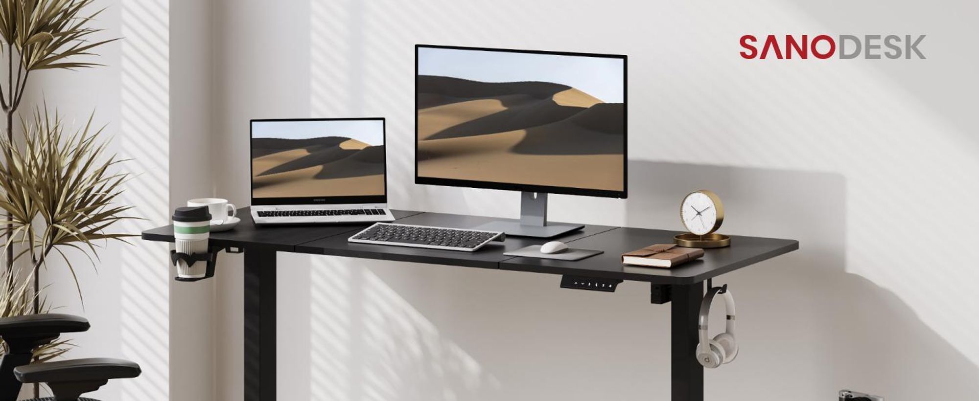 SANODESK Höhenverstellbarer Schreibtisch Upgrade 140×60cm 4 Memory-Funktion Becherhalter Haken Kabelmanagement 70kg Tragkraft Kollisionsschutz Schwarz