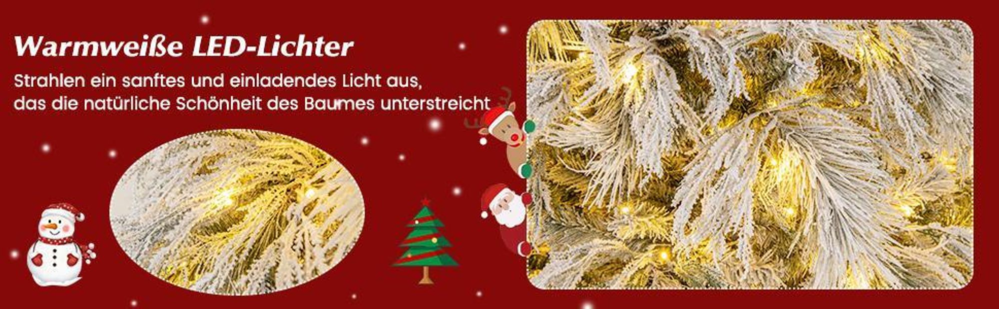 COSTWAY Künstlicher Weihnachtsbaum mit Schnee, Tannenbaum mit warmweißen LED-Lichtern & 279 Zweigspitzen, Christbaum mit Metallständer, Festbaum Kunstbaum für Festdekoration Indoor Outdoor (150cm)