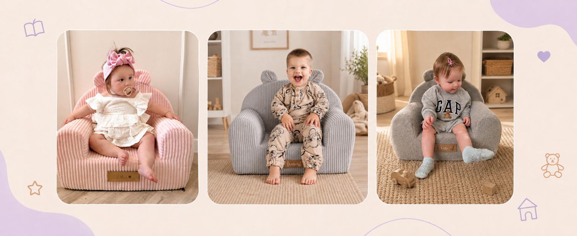 Flumi opvouwbare mini kinderbank beige met uitklapfunctie en berenmotief