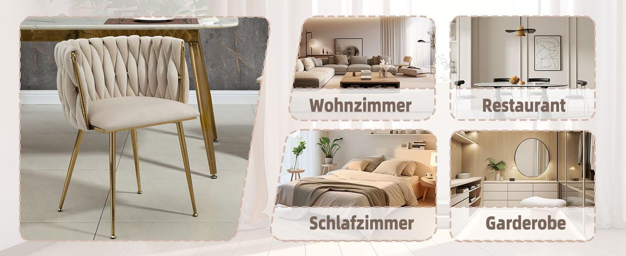 LVHOM Esszimmerstühle Samtbezug Wohnzimmerstuhl 2er Set Polstertuhl Geflochtener Stil, Esszimmer Stuhl, Goldene Metallrahmen, Grau