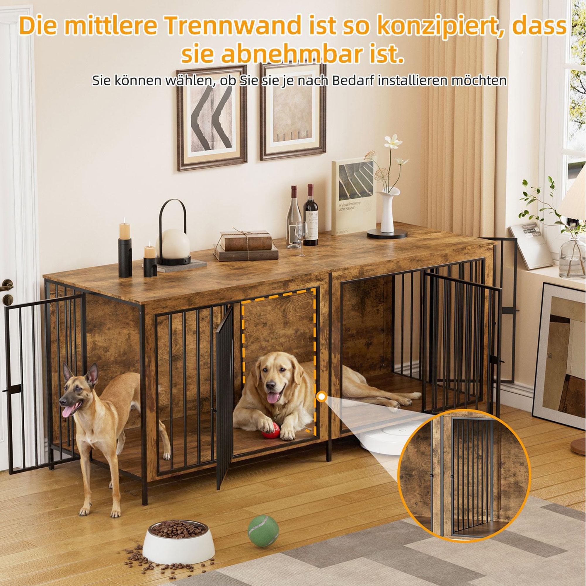Hundekäfig mit 4 Türen 2 Hunde mit Trennwand, 200*70*85CM Hundebox Hundehaus mit Tischoberfläche, XXL Stabile Hundehütte für große Hunde, bis zu 200KG