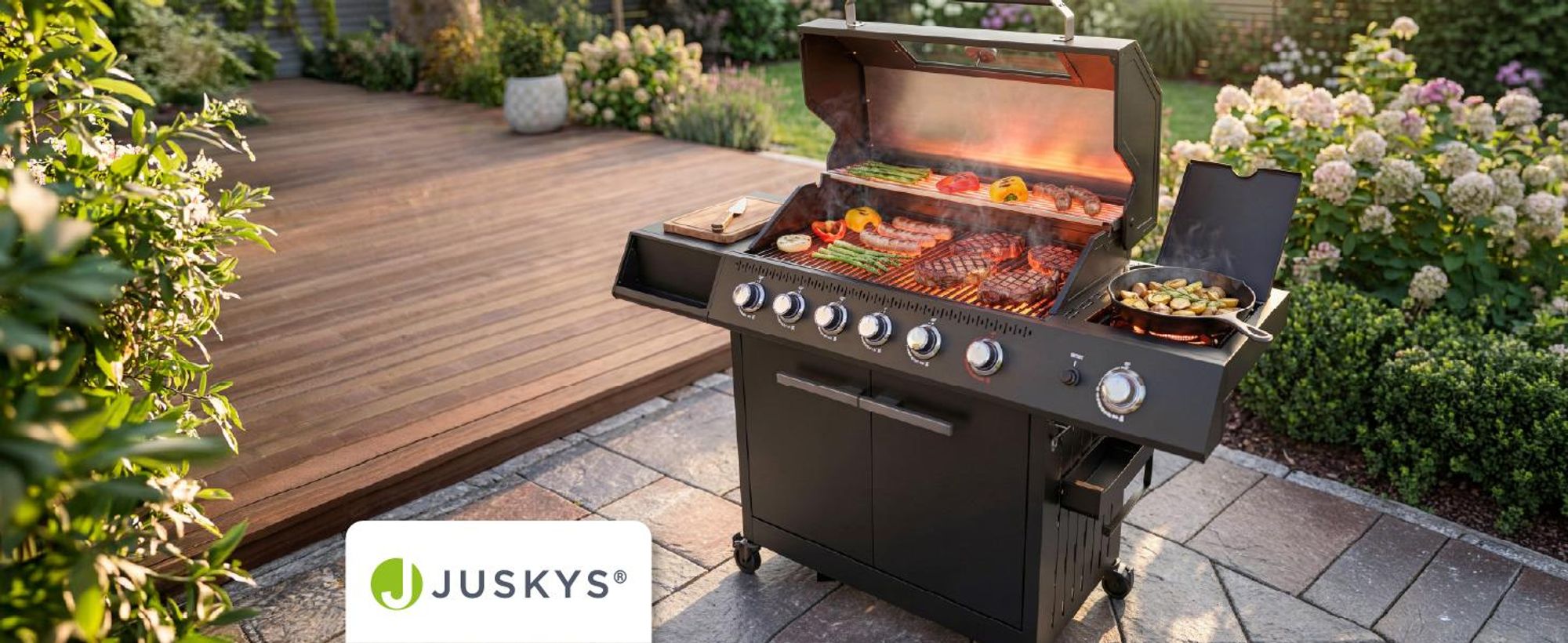 JUSKYS® Gasgrill Tennessee 6+1 mit Edelstahlbrennern & LED-Regler und Sichtfenster