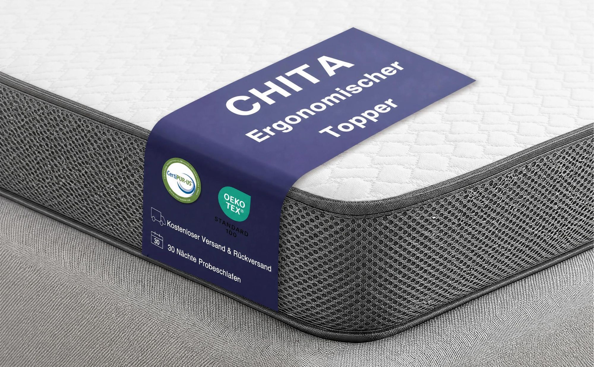 CHITA Topper 160x200 cm, 7 cm hoch, Gel-Partikel-Schaum, hohe Elastizität, wendbar H2/H3, atmungsaktiv, rutschfest,