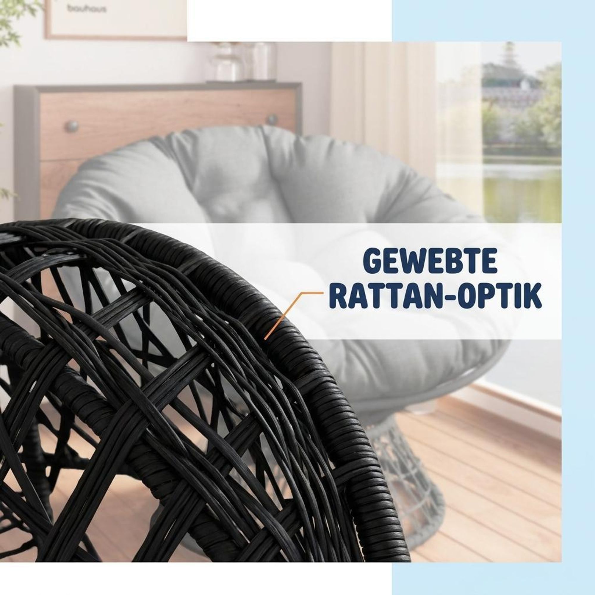 Soundsessel Ø 124 cm, 360°drehbar, Ergonomisch, Extra dickes Sitzkissen, bis 158 kg, Wetterbeständig, Liegesessel für Garten Balkon