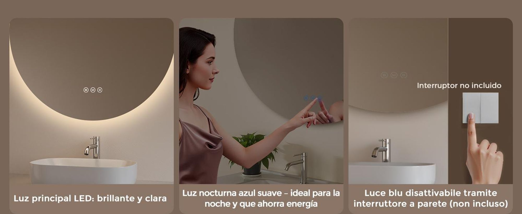 Specchio da bagno con illuminazione, rotondo, 80 cm, S'AFIELINA LED, intensità regolabile, 3 tonalità di luce, antiappannamento, comando touch, funzione di memorizzazione, IP65, impermeabile per il bagno