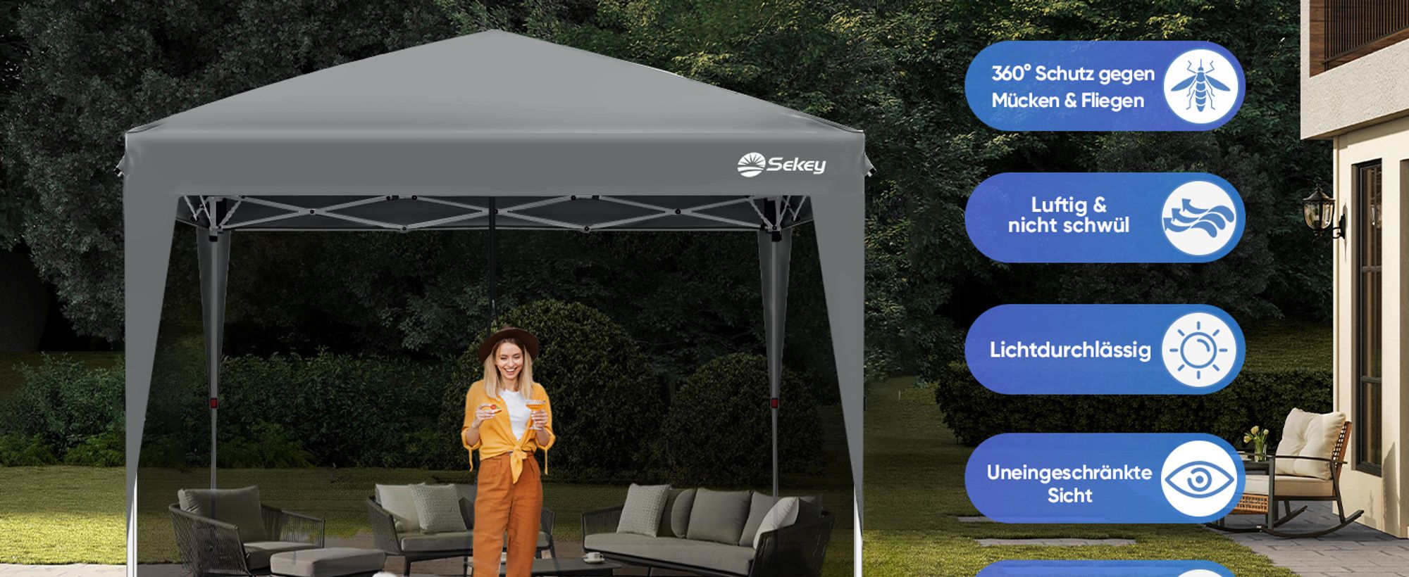 Sekey Moskitonetz für Pavillon 3x3 m – Insektenschutz mit Reißverschluss und Klettbändern, Schwarz, Ideal für Garten und Terrasse