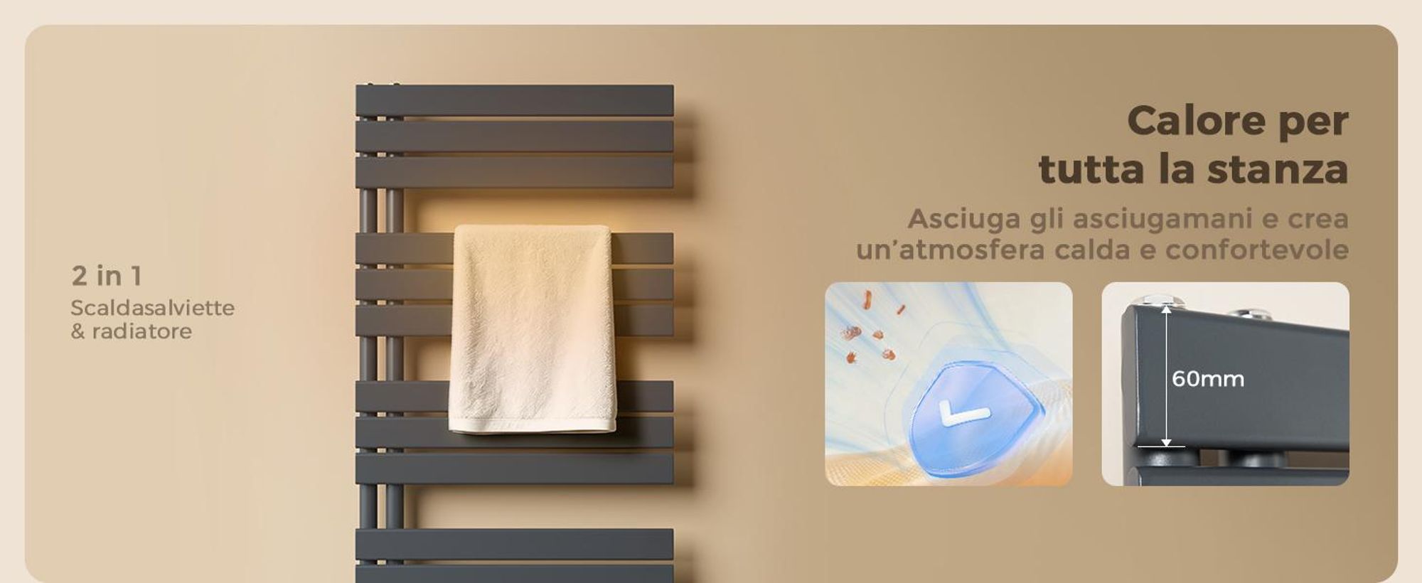 S'AFIELINA: Radiador de diseño para baño, 1041x500 mm. Radiador toallero plano, panel, conexión lateral. Color antracita. Potencia: 529 vatios