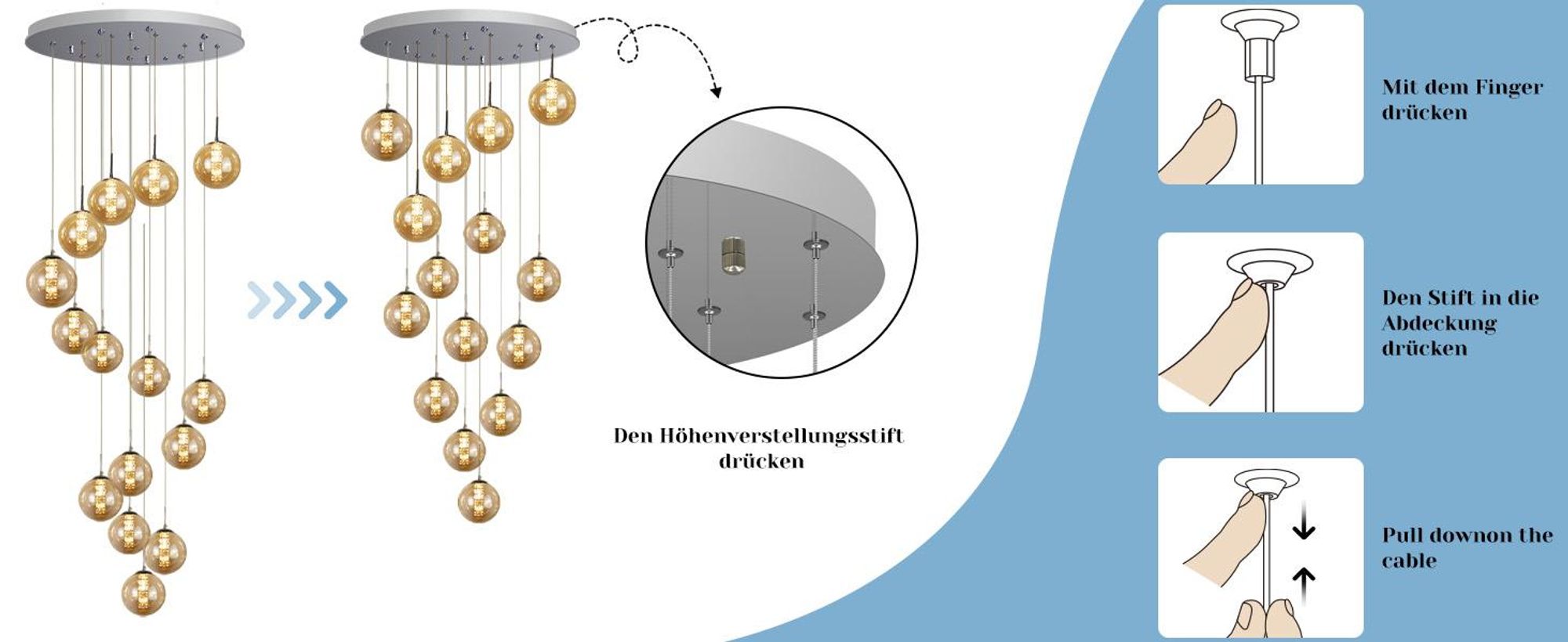 ZMH Pendelleuchte esstisch 15 Flammig Bernstein Pendellampe Höheverstellbar Kronleuchter Hängeleuchte Glas für Wohnzimmer Schlafzimmer Küche Flur