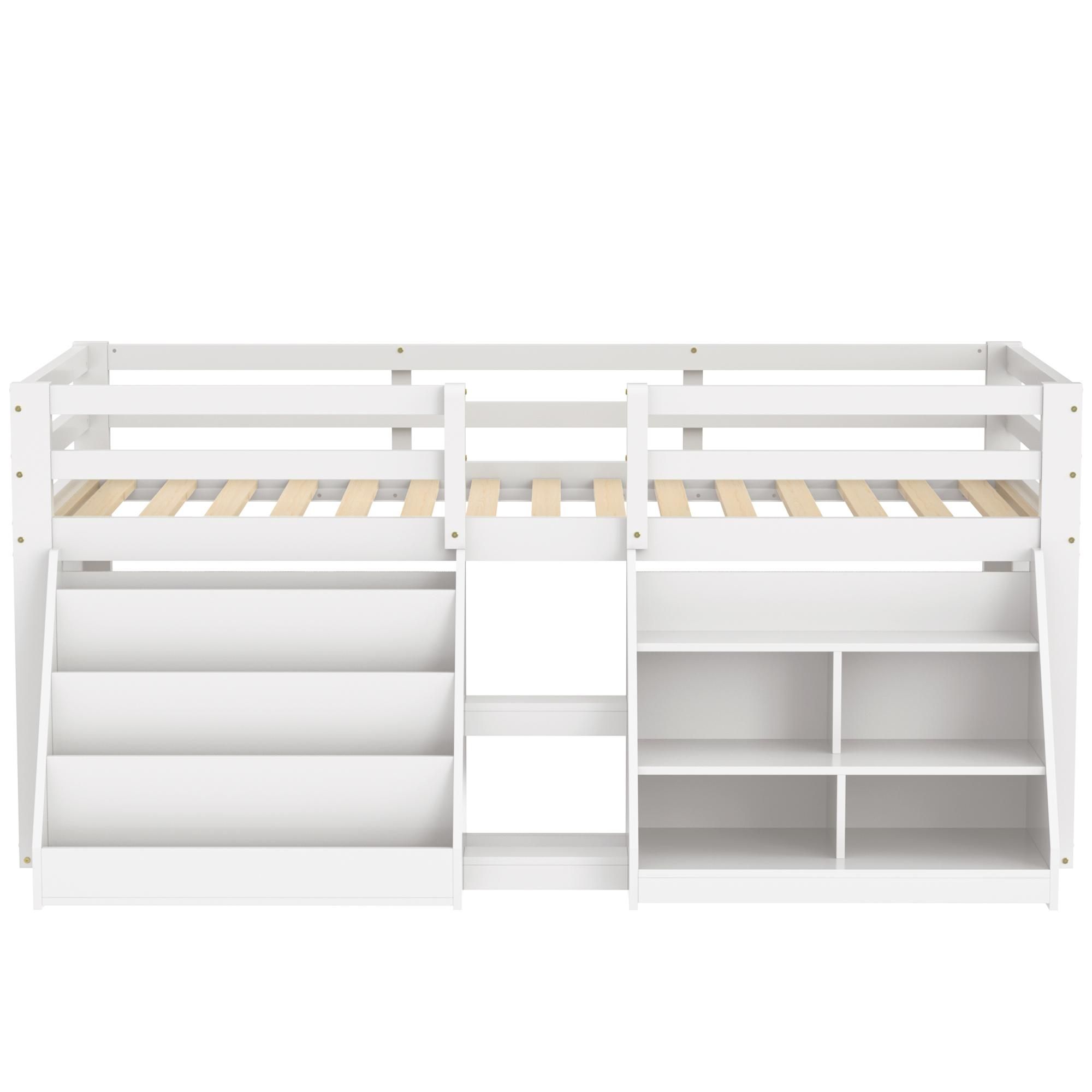 Flieks Kinderbett Hochbett 90x200cm mit 2 Regal, Etagenbett mit Led, Holzbett Einzelbett Stockbett mit Rausfallschutz und Lattenrost, Weiß